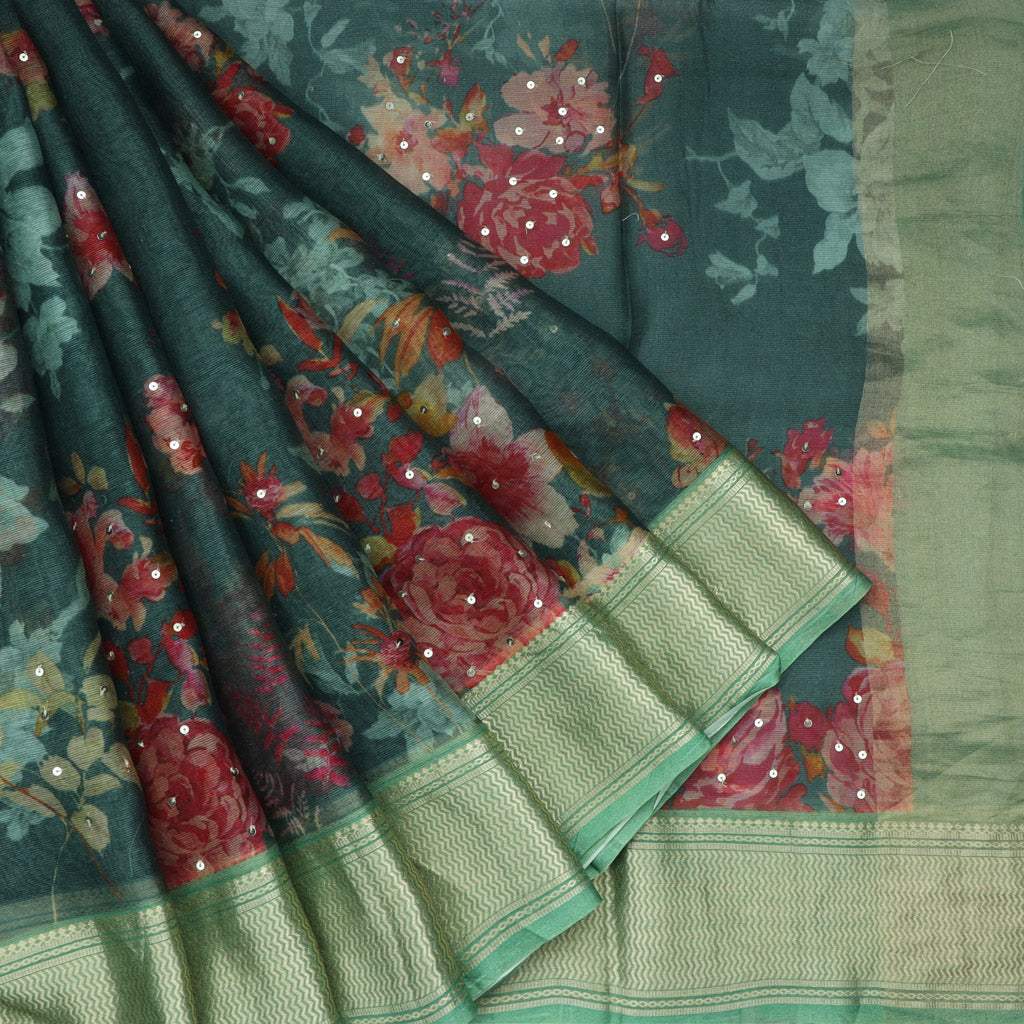 Deep Green Printed Maheshwari Silk Saree With Sequin Embroidery - Singhania's
