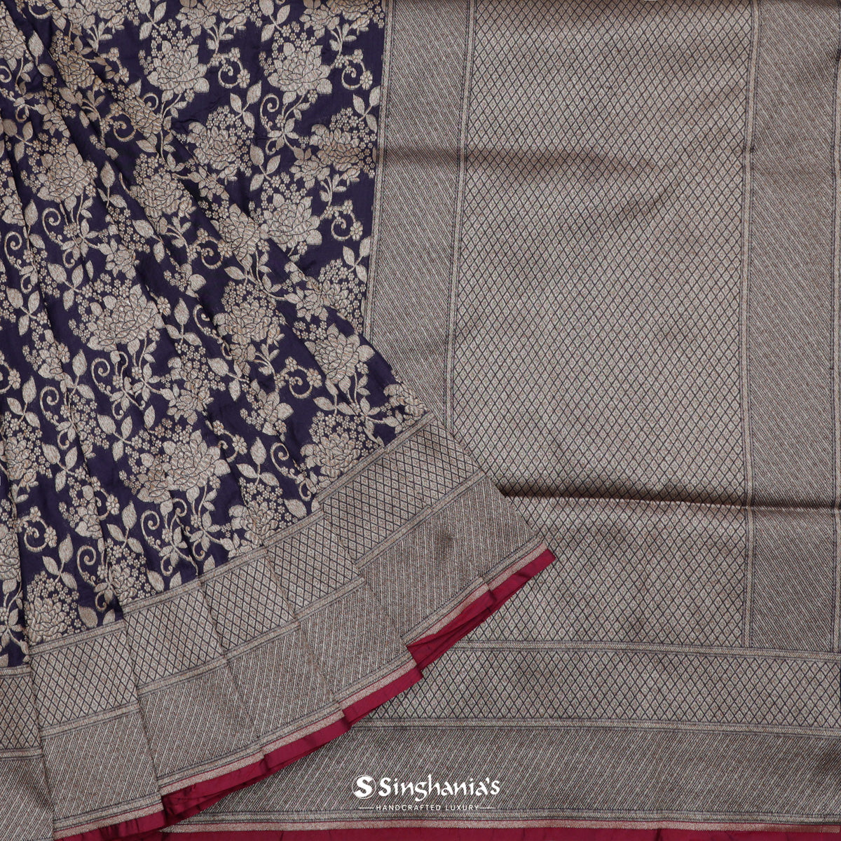 Russian Violet Banarasi Silk Saree With Floral Jaal Weaving