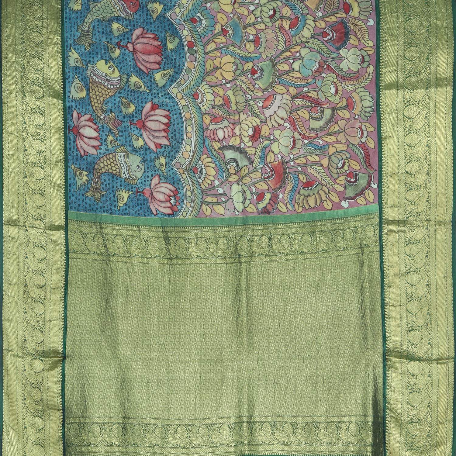 Earthy Brown Korvai Kanjivaram Handloom Silk Saree With Hand Painted Kalamkari Pattern - Singhania's
