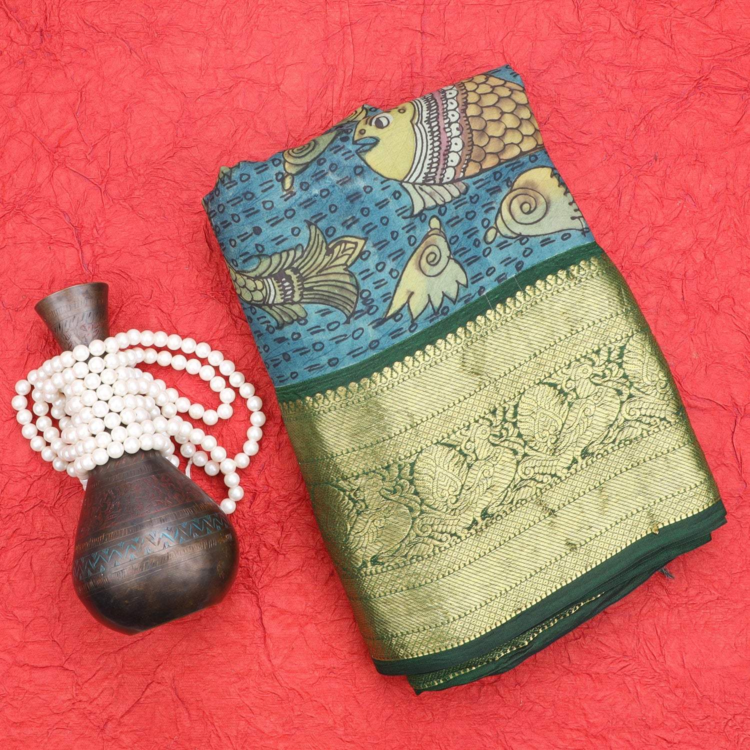 Earthy Brown Korvai Kanjivaram Handloom Silk Saree With Hand Painted Kalamkari Pattern - Singhania's