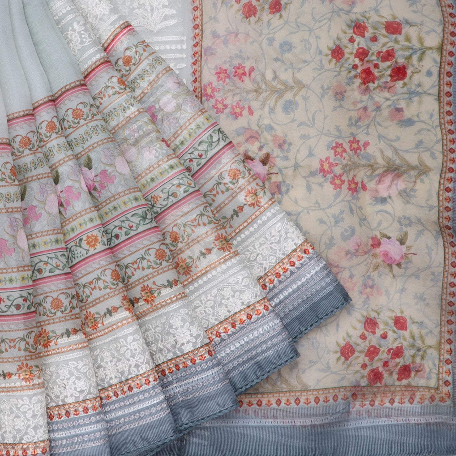 Soft Pastel Blue Printed Organza Saree With Floral Embroidery - Singhania's