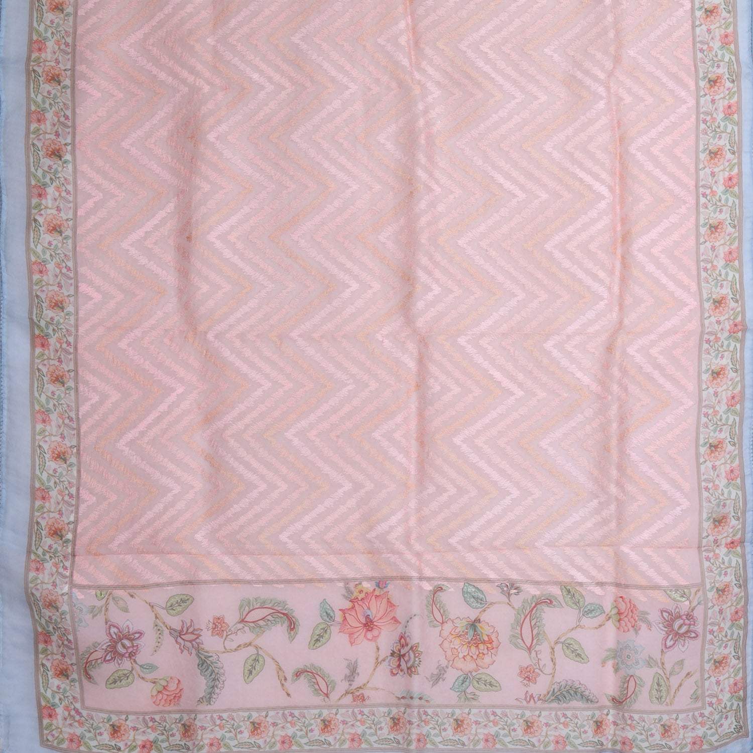 Pastel Pink Printed Organza Saree With Chevron Pattern Embroidery - Singhania's
