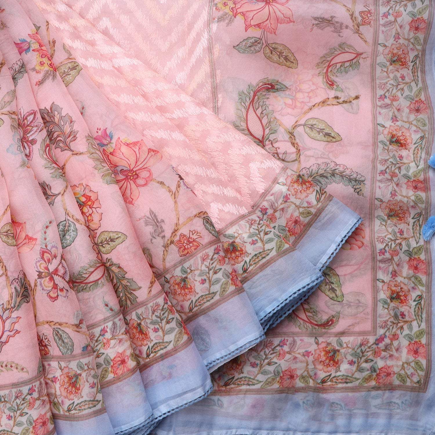 Pastel Pink Printed Organza Saree With Chevron Pattern Embroidery - Singhania's