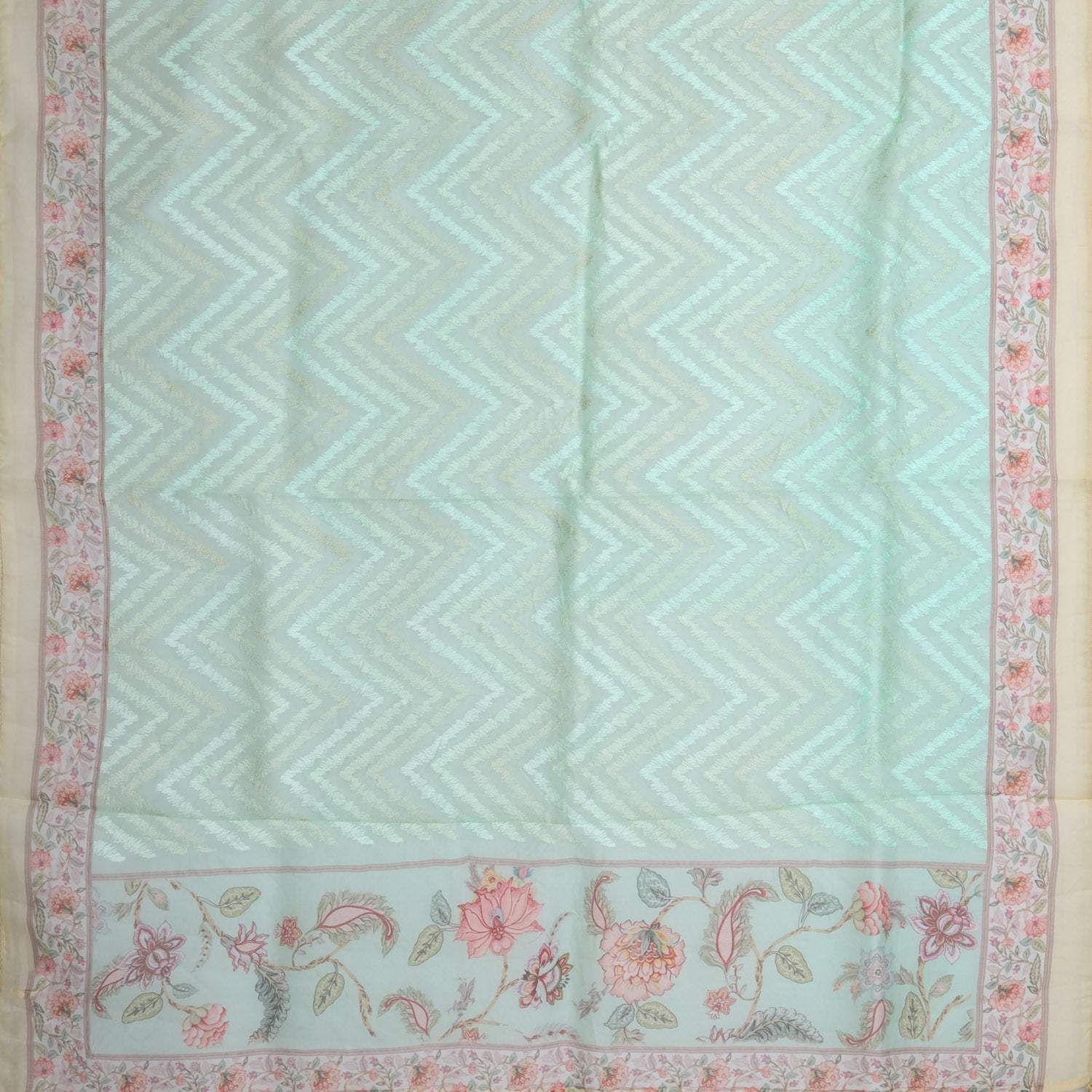 Seafoam Blue Printed Organza Saree With Chevron Pattern Embroidery - Singhania's