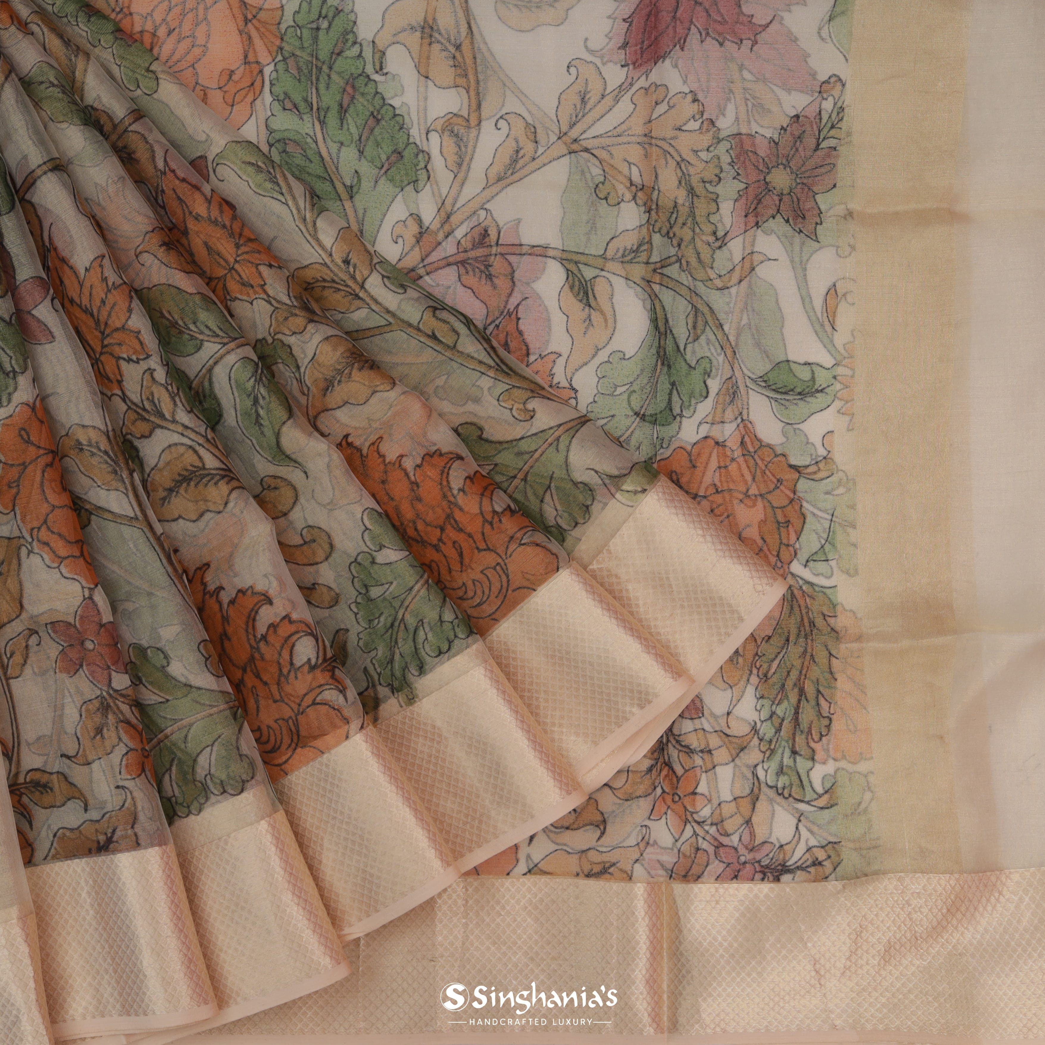 Coffee Brown Tissue Printed Silk Saree With Floral Jaal Design