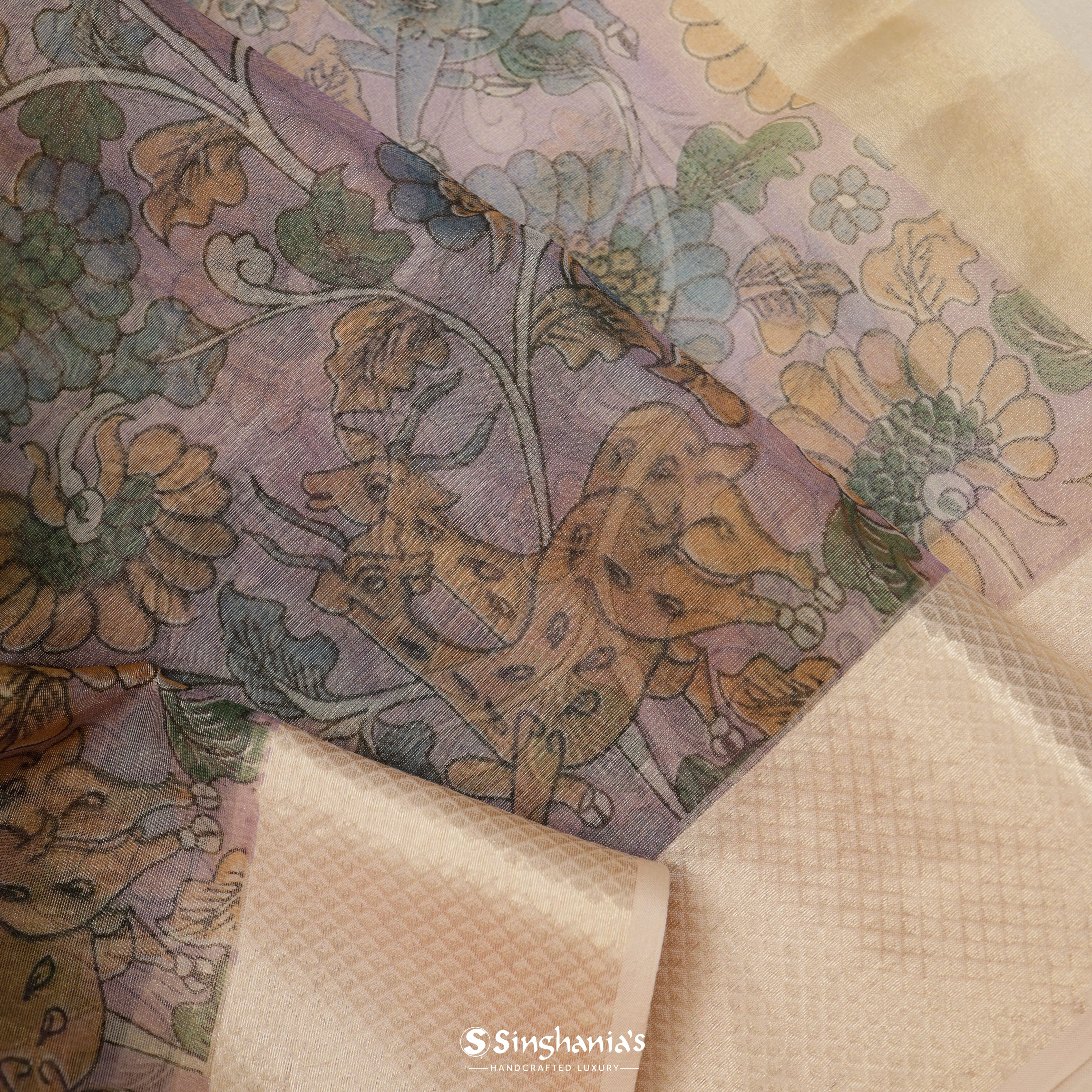 Greyish Beige Tissue Kanjivaram Saree With Floral Pattern