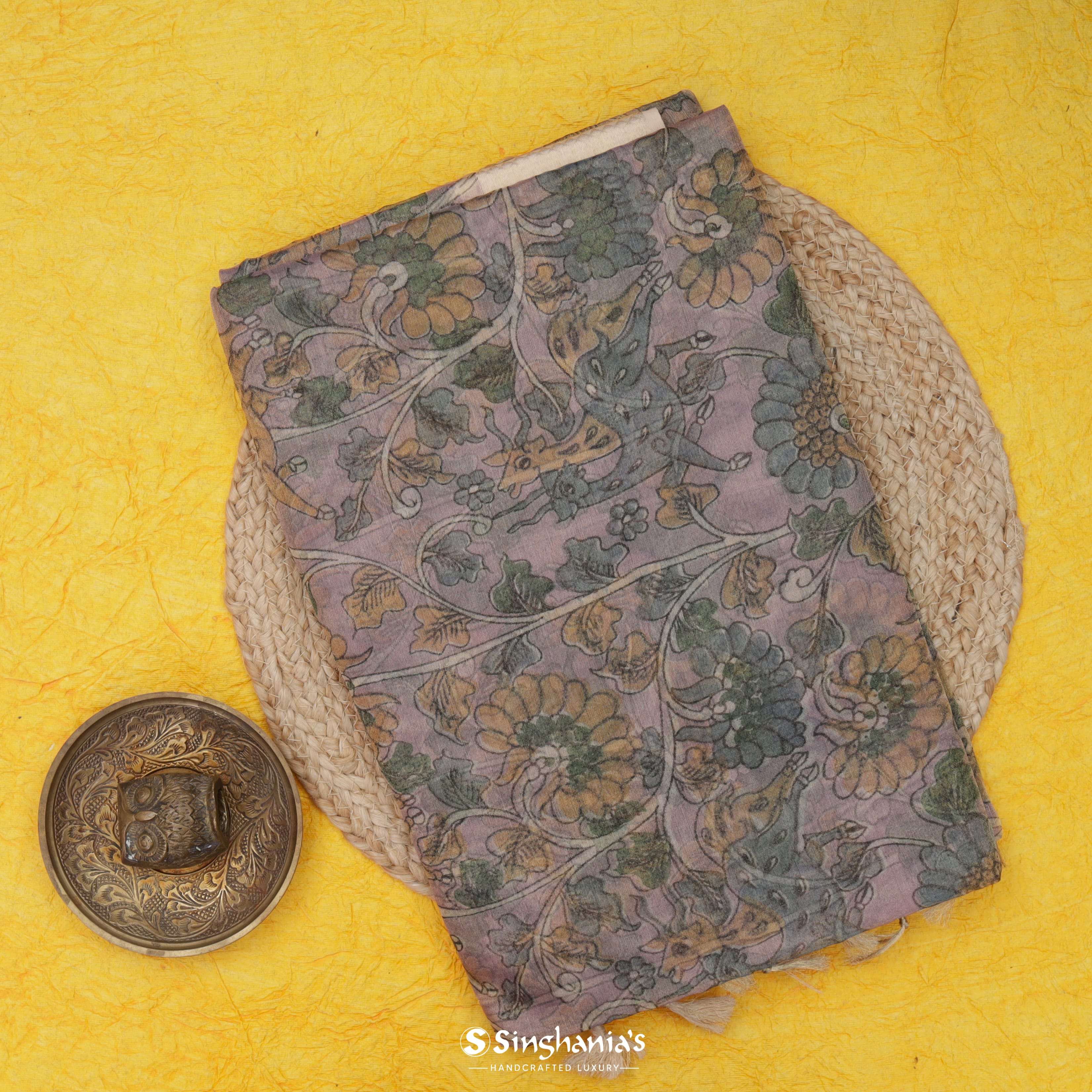 Greyish Beige Tissue Kanjivaram Saree With Floral Pattern