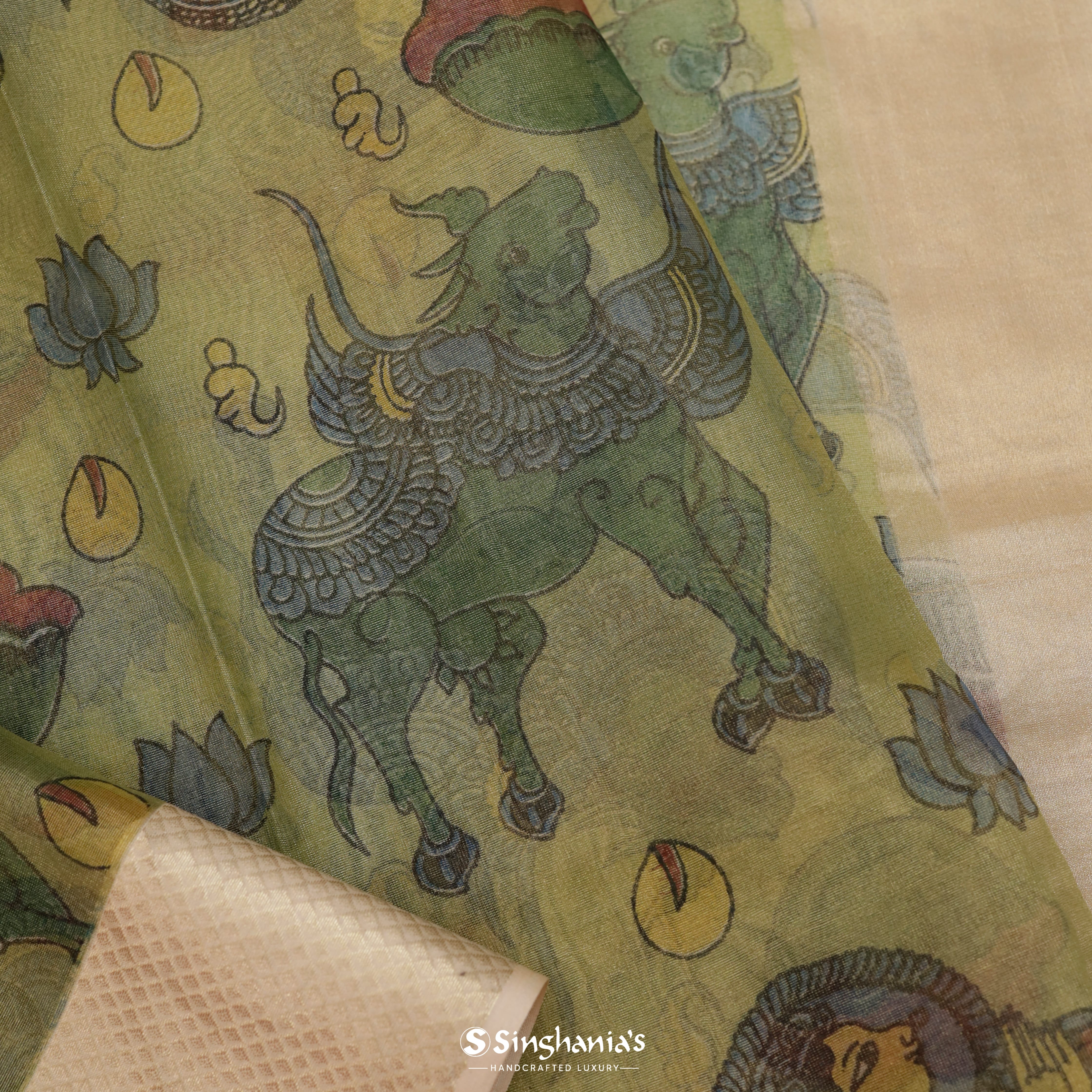 Pear Green Tissue Printed Saree With Nature Inspired Motif Pattern