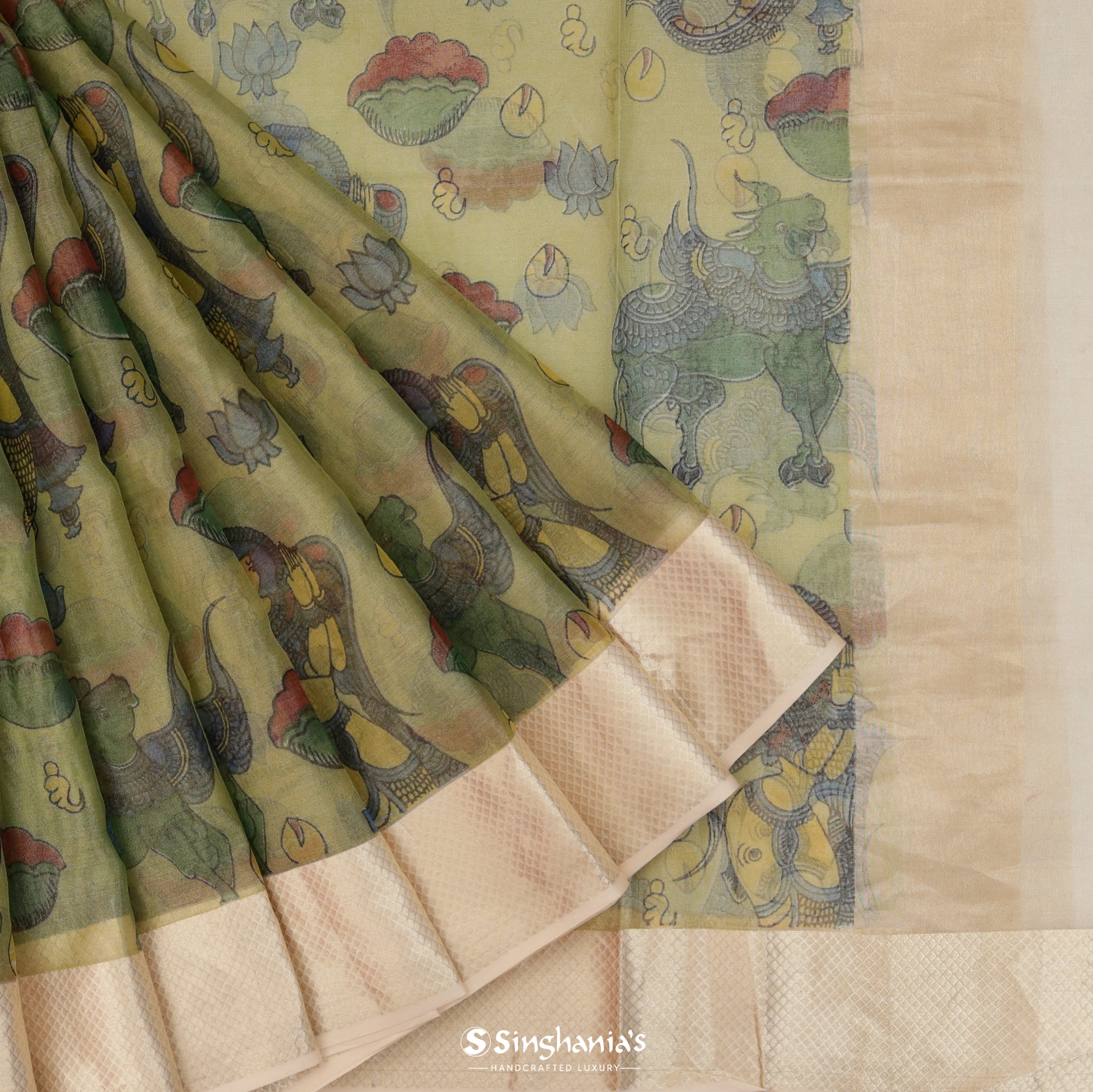 Pear Green Tissue Printed Saree With Nature Inspired Motif Pattern