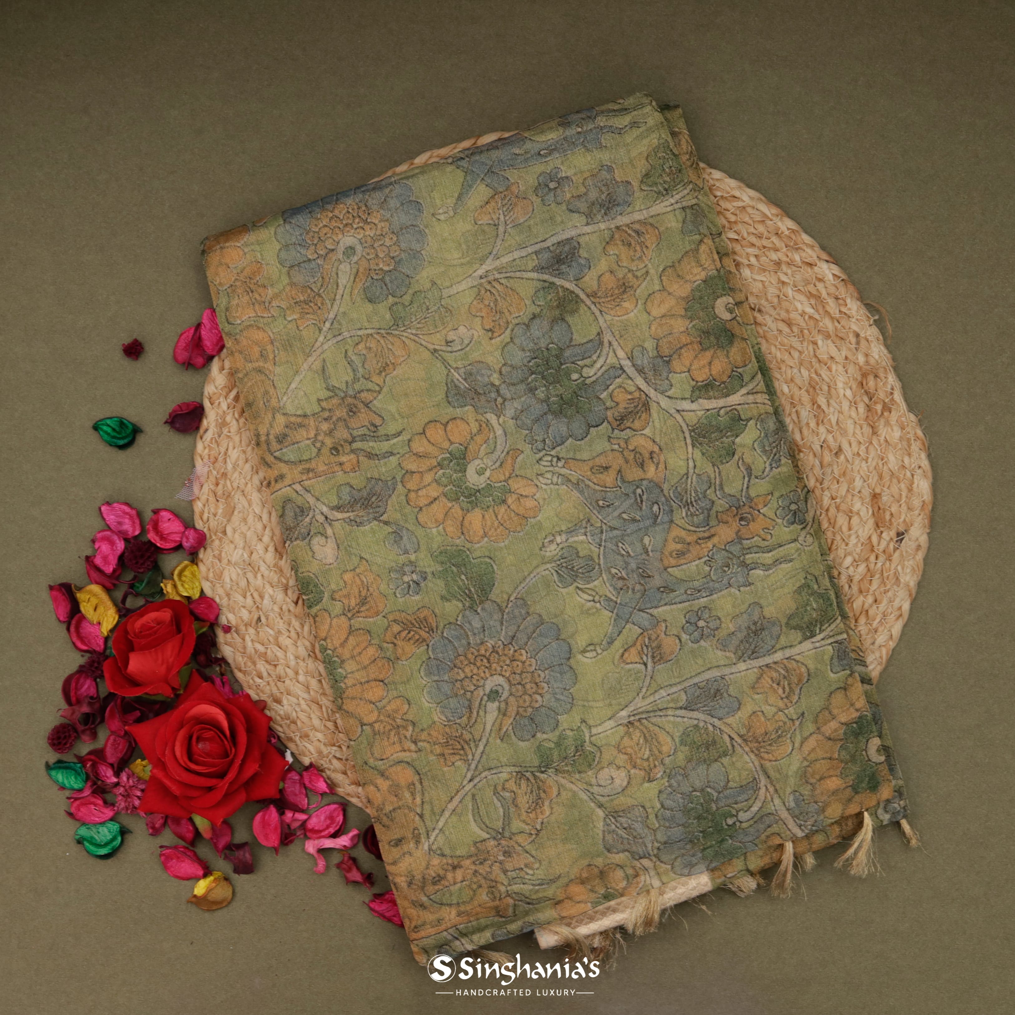Pastel Moss Green Tissue Printed Saree With Nature Inspired Motif Pattern