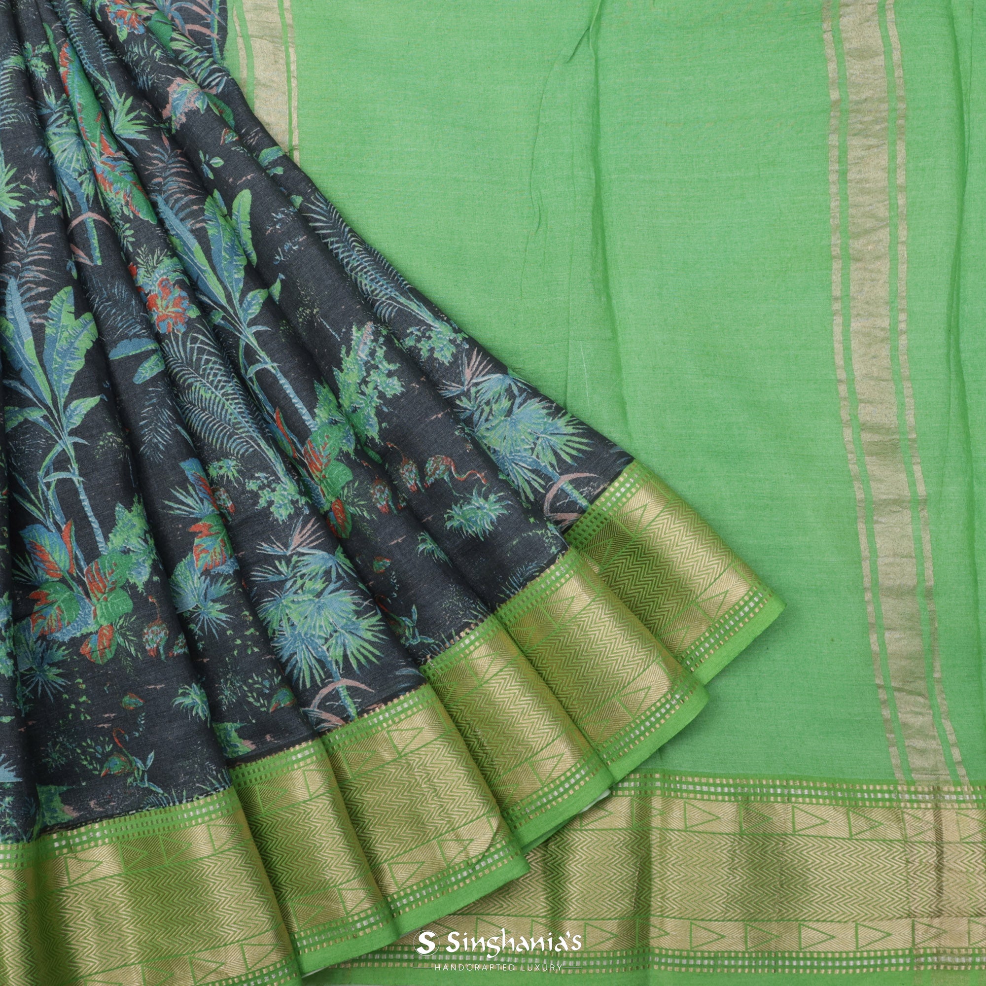 Black Printed Cotton Eri Saree With Floral Jaal Design