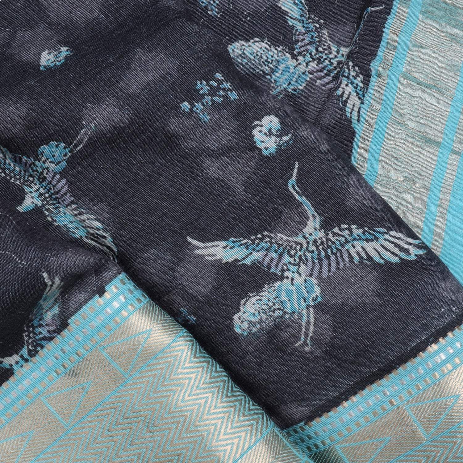 Black Cotton Saree With Bird Printed Motifs - Singhania's