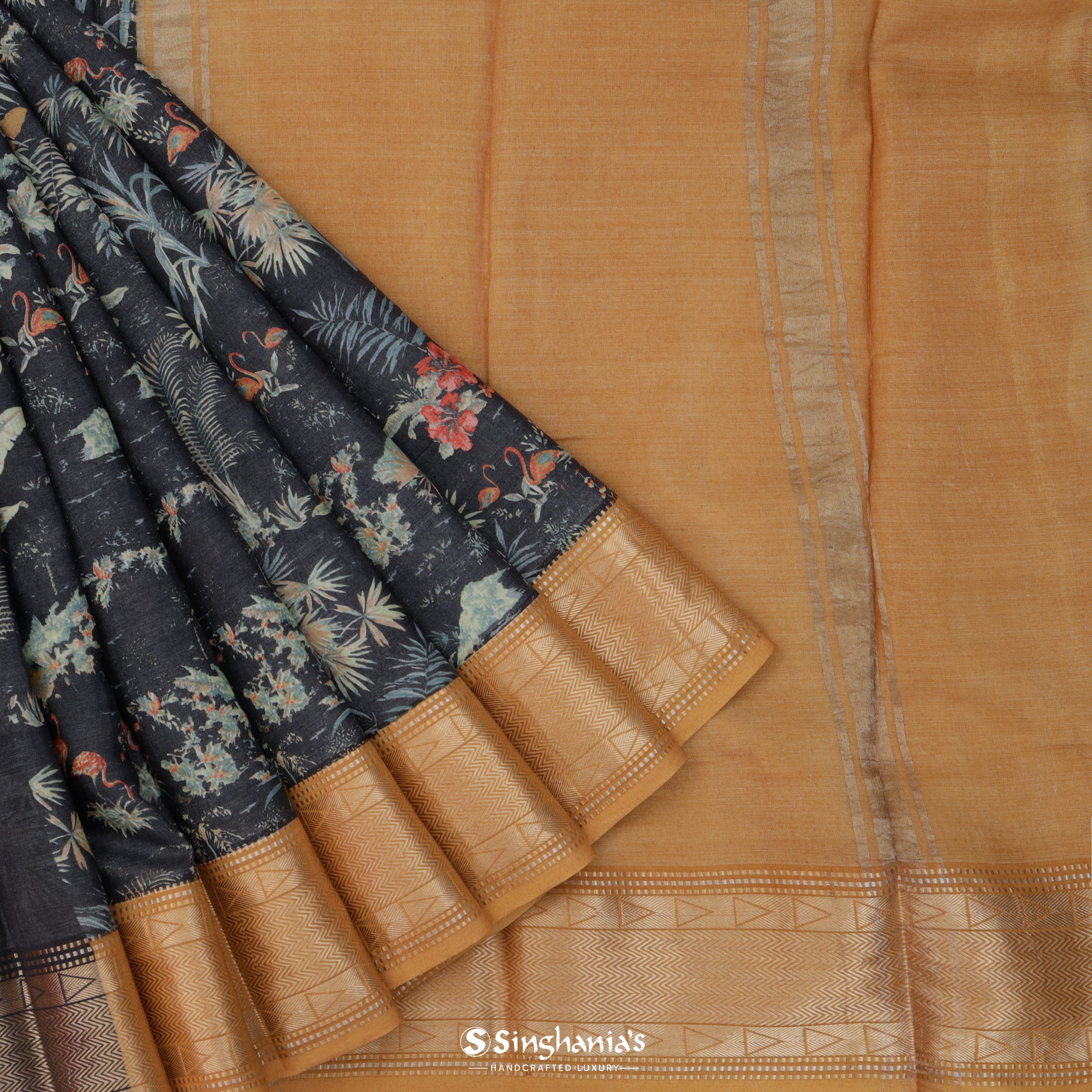 Black Grain Cotton Printed Saree With Nature Inspired Motif Pattern