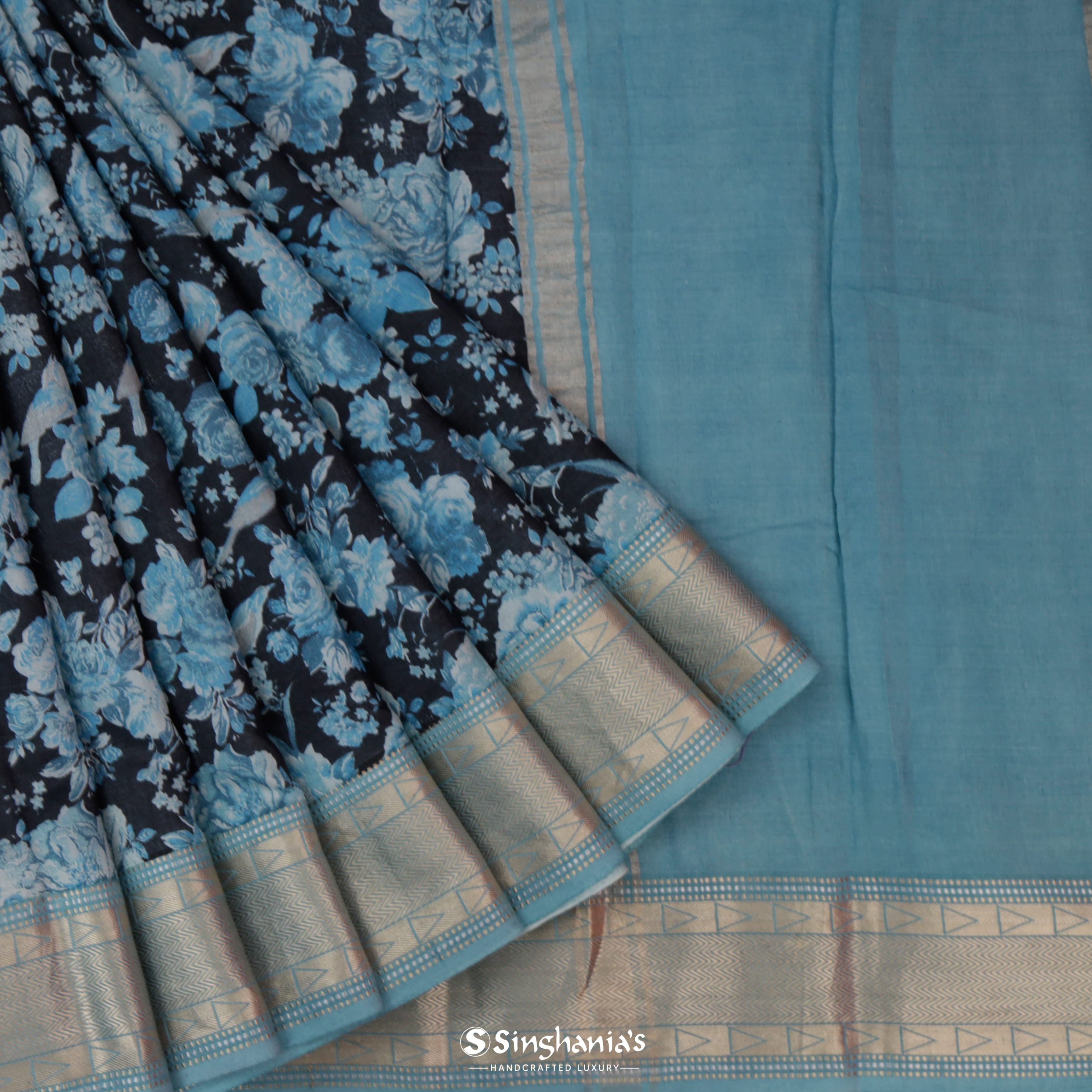 Black Denim Cotton Printed Saree With Floral Jaal Design