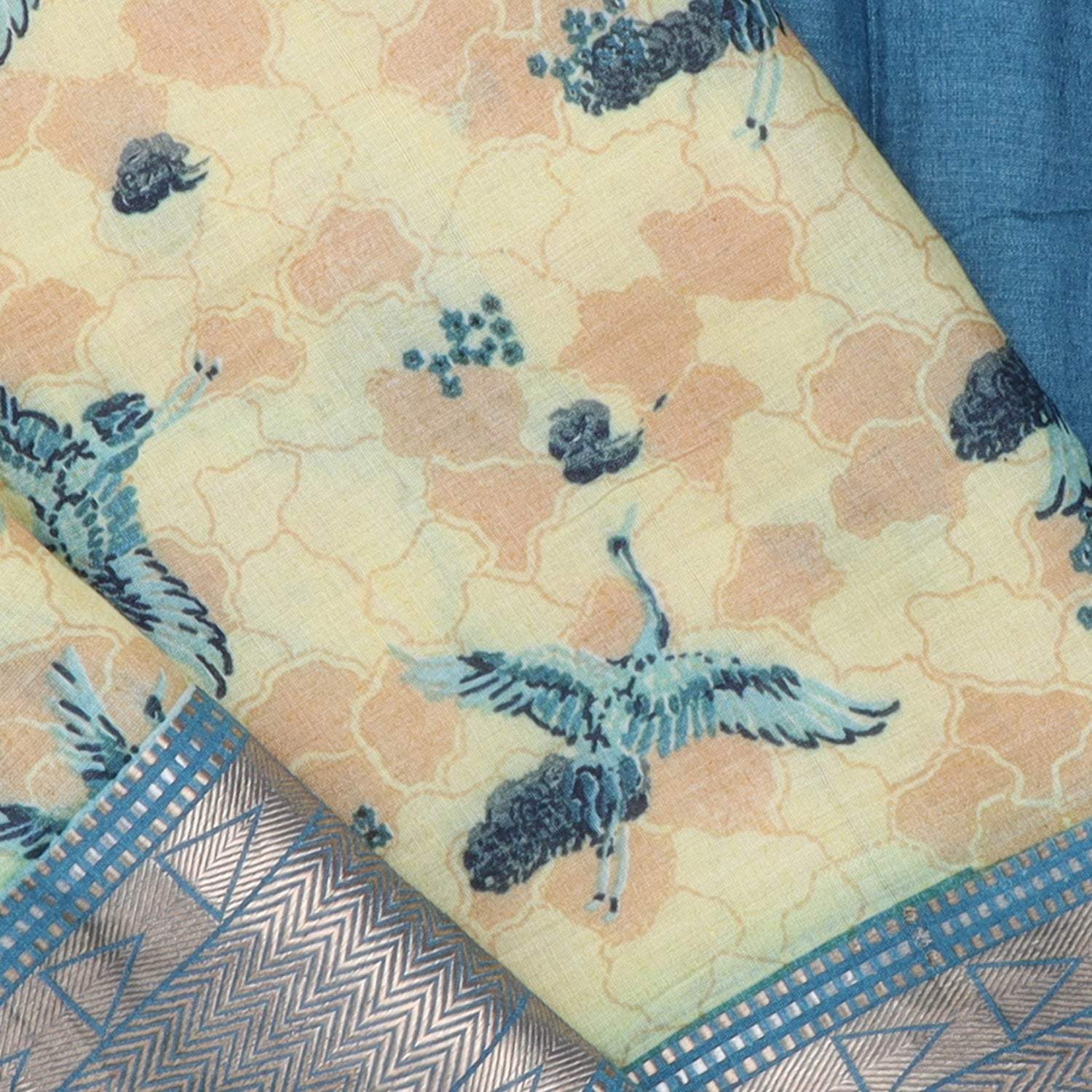 Butter Yellow Cotton Saree With Bird Printed Motifs - Singhania's