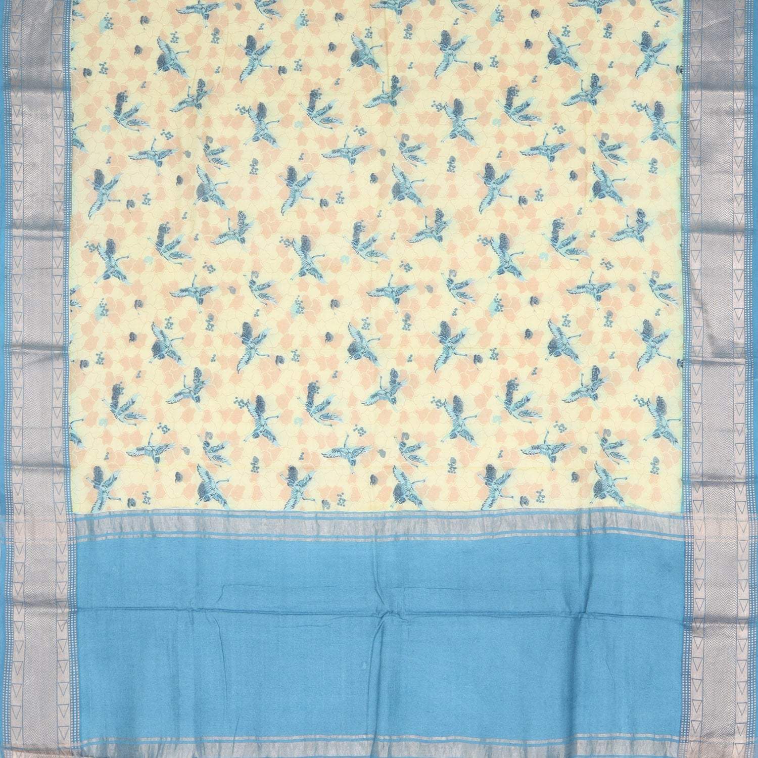 Butter Yellow Cotton Saree With Bird Printed Motifs - Singhania's