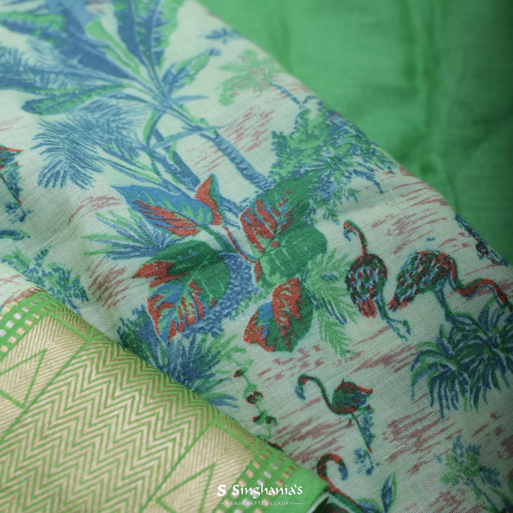 Mint Green Printed Cotton Eri Saree With Floral-Fauna Pattern