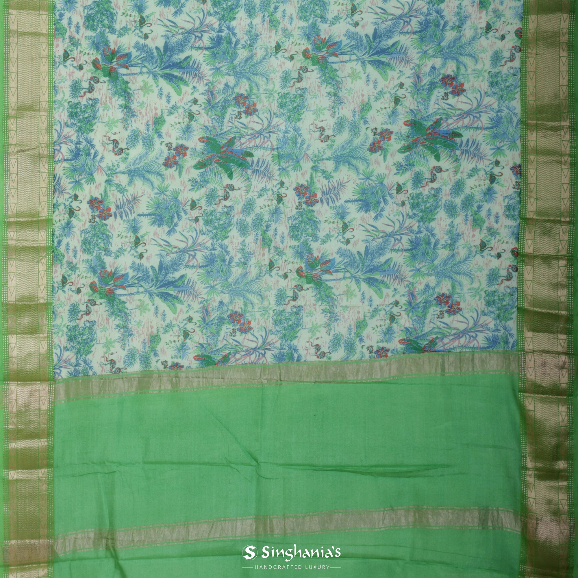 Mint Green Printed Cotton Eri Saree With Floral-Fauna Pattern