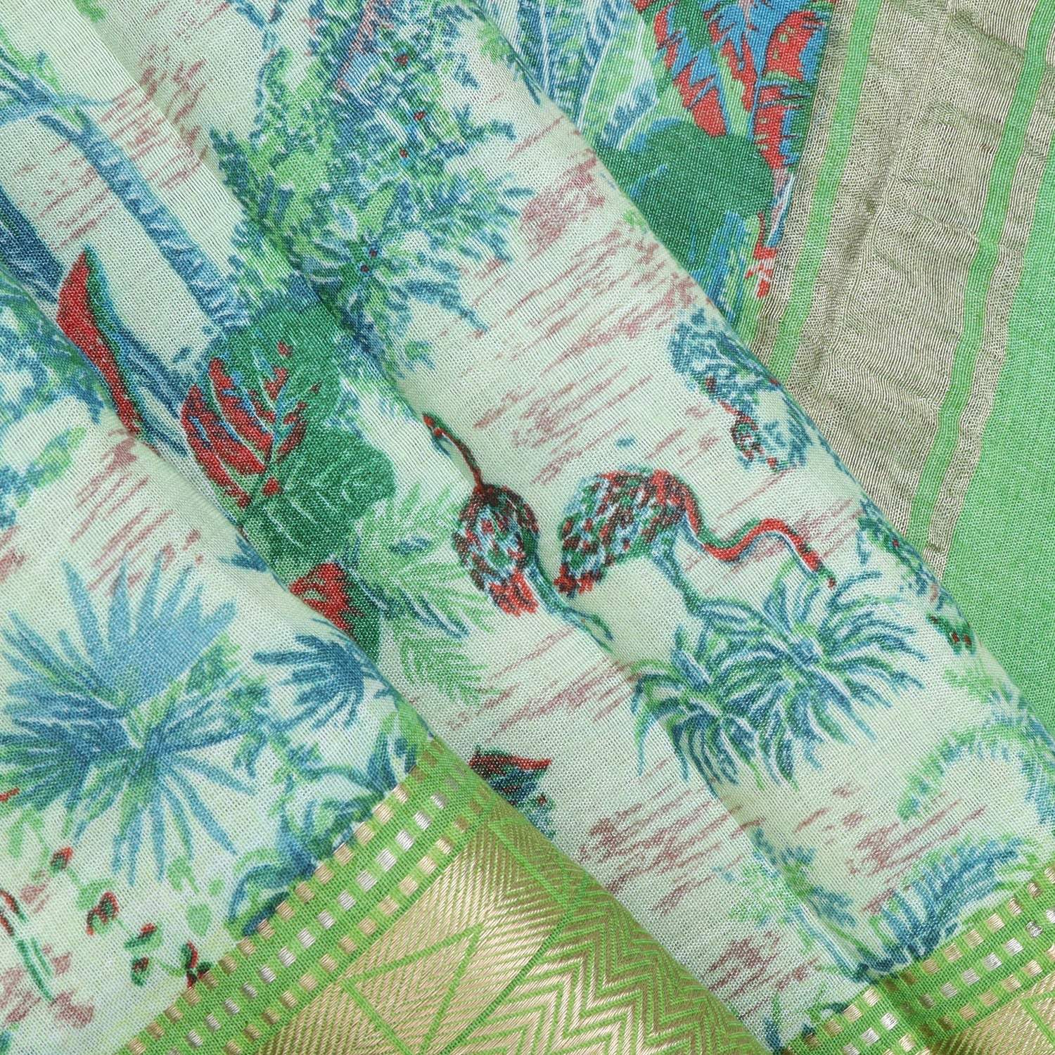 Mint Green Cotton Saree With Floral Printed Motifs - Singhania's