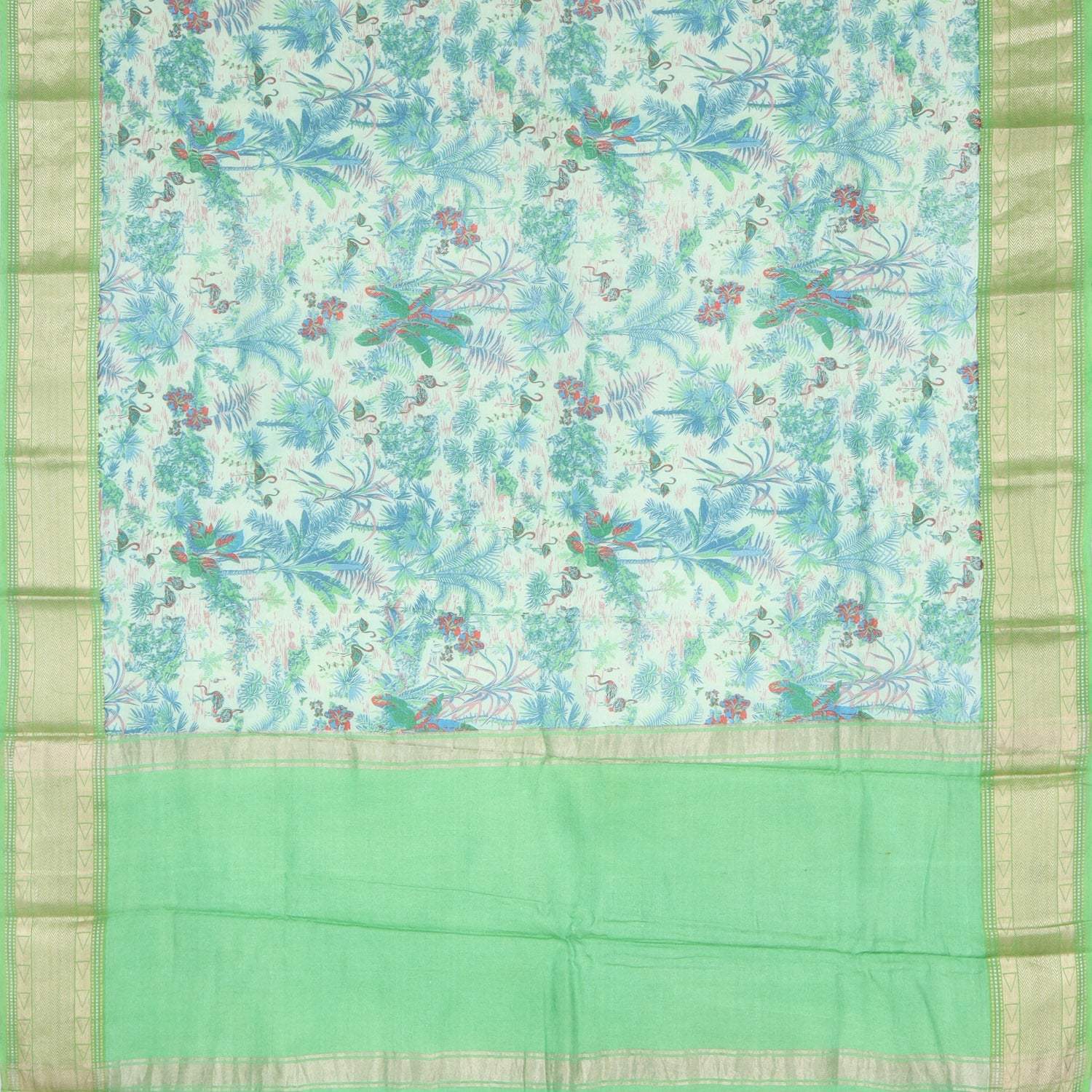 Mint Green Cotton Saree With Floral Printed Motifs - Singhania's