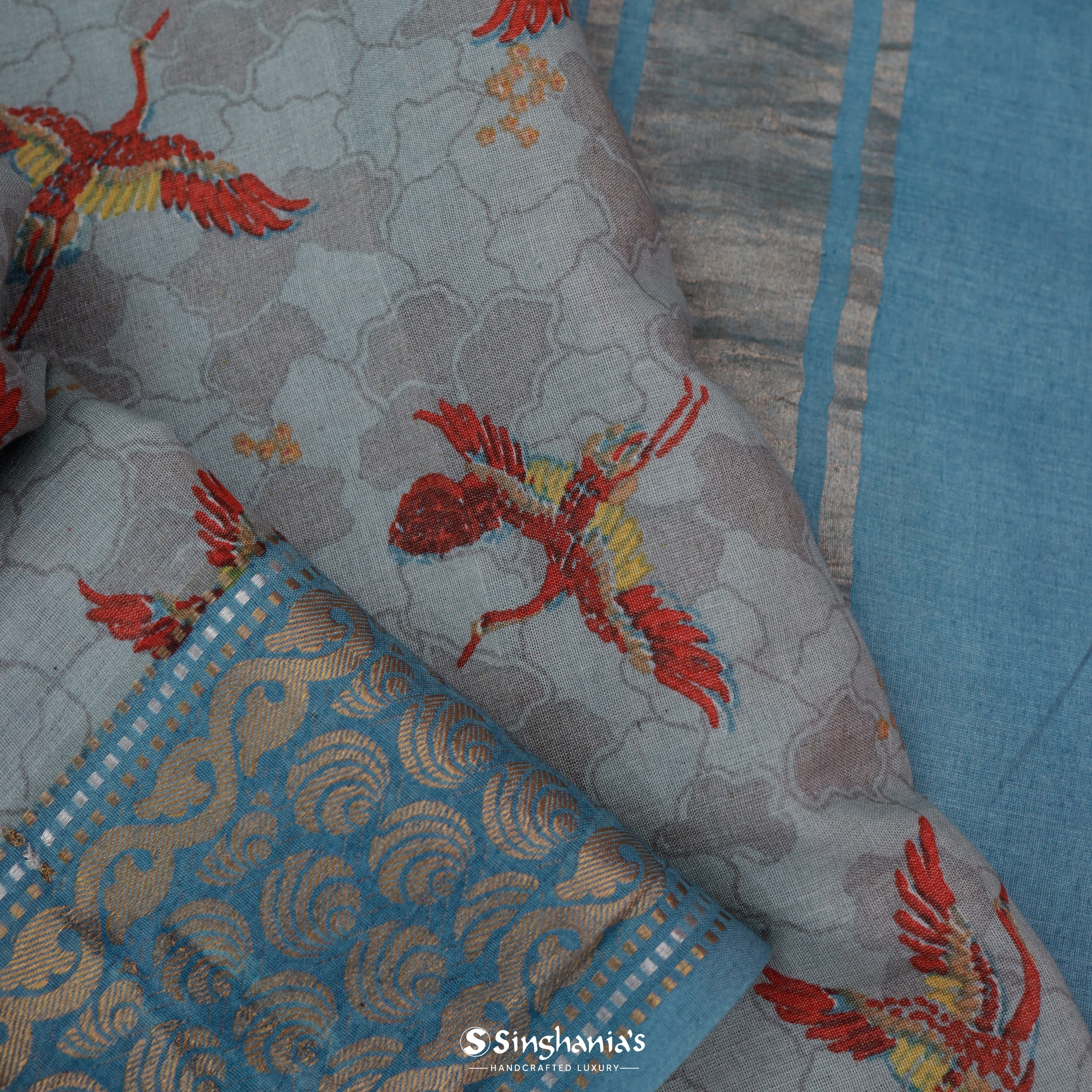Ash Grey Cotton Printed Saree With Nature Inspired Birds Motifs