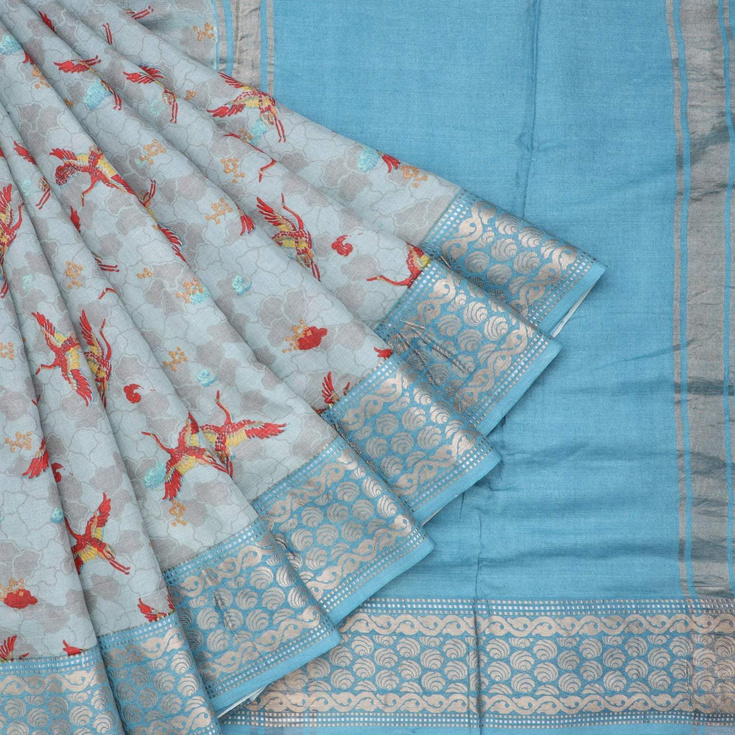 Light Blue Cotton Saree With Bird Printed Motifs - Singhania's