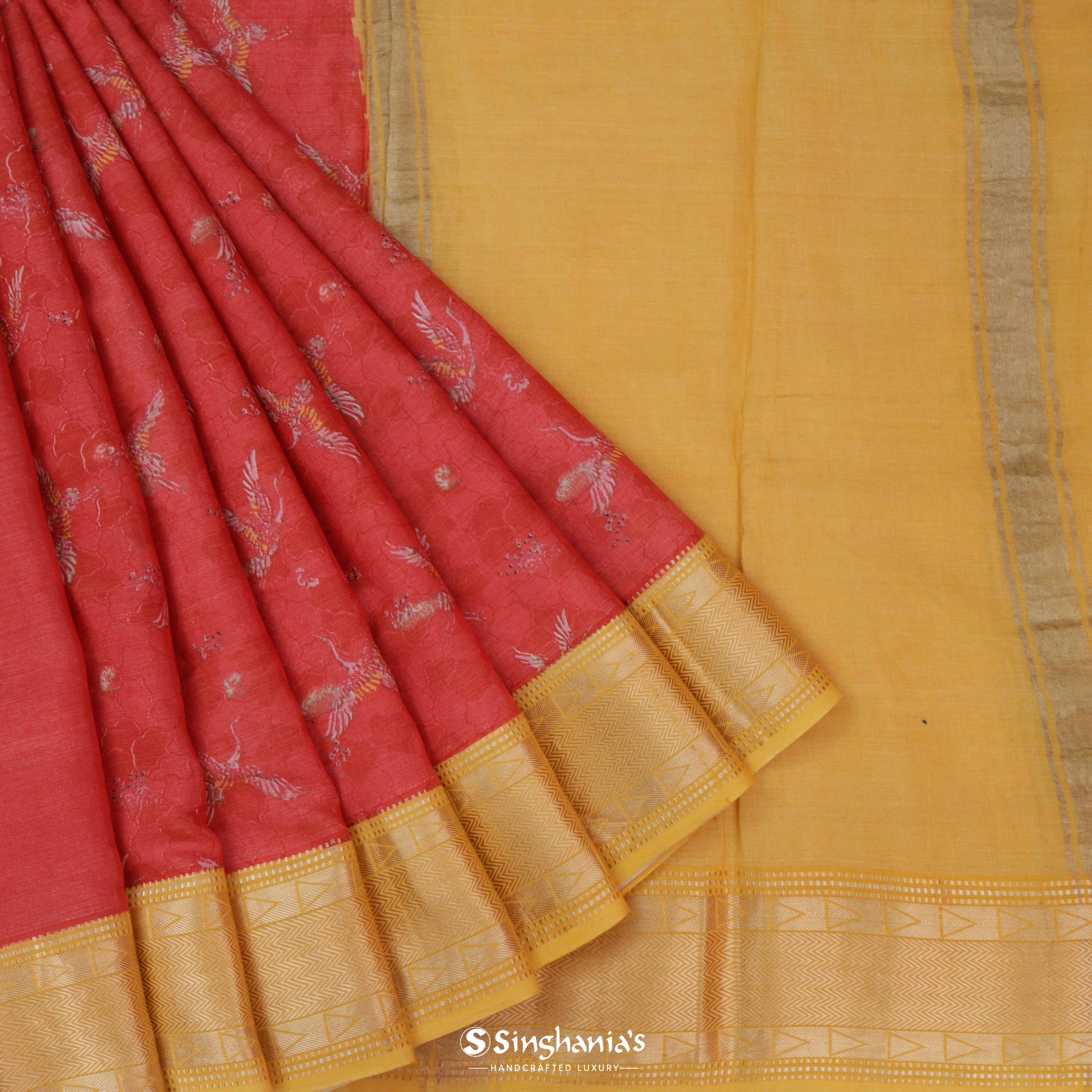 Amaranth Red Cotton Printed Saree With Nature Inspired Birds Motifs