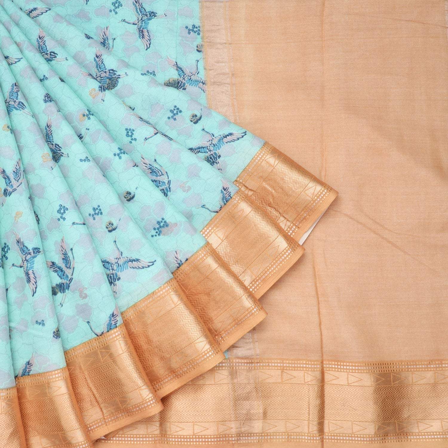 Light Green Cotton Saree With Floral Printed Motifs - Singhania's