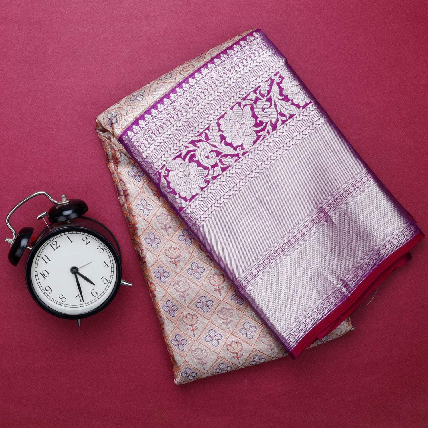 Pastel Beige Kanjivaram Silk Saree With Tiny Floral Motifs - Singhania's