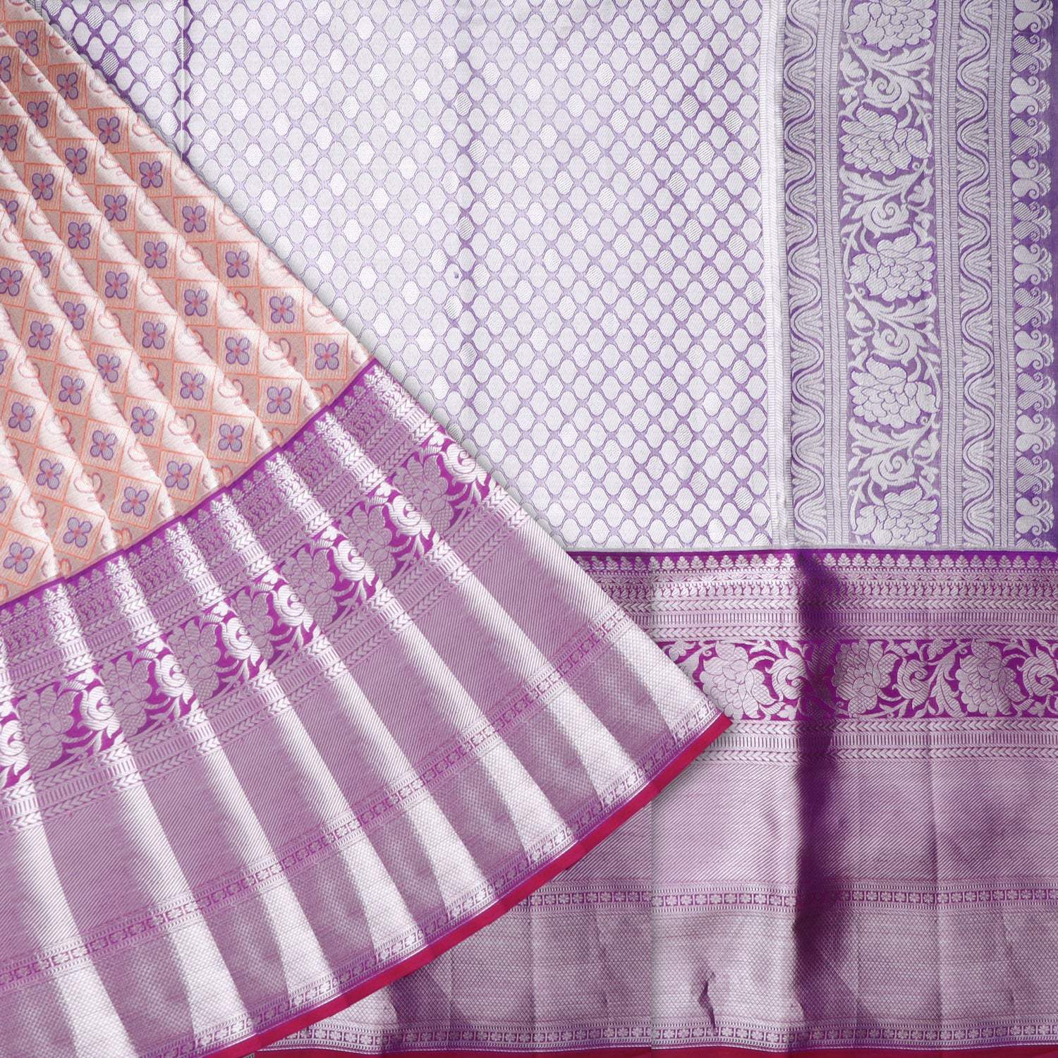Pastel Beige Kanjivaram Silk Saree With Tiny Floral Motifs - Singhania's