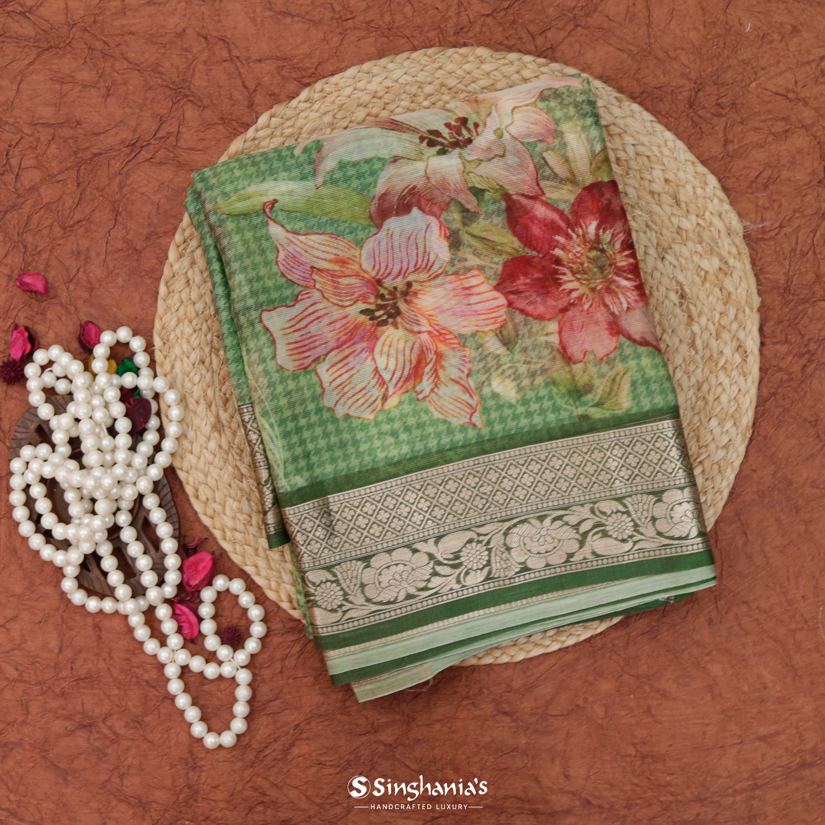 Jade Green Maheshwari Printed Saree With Floral Pattern