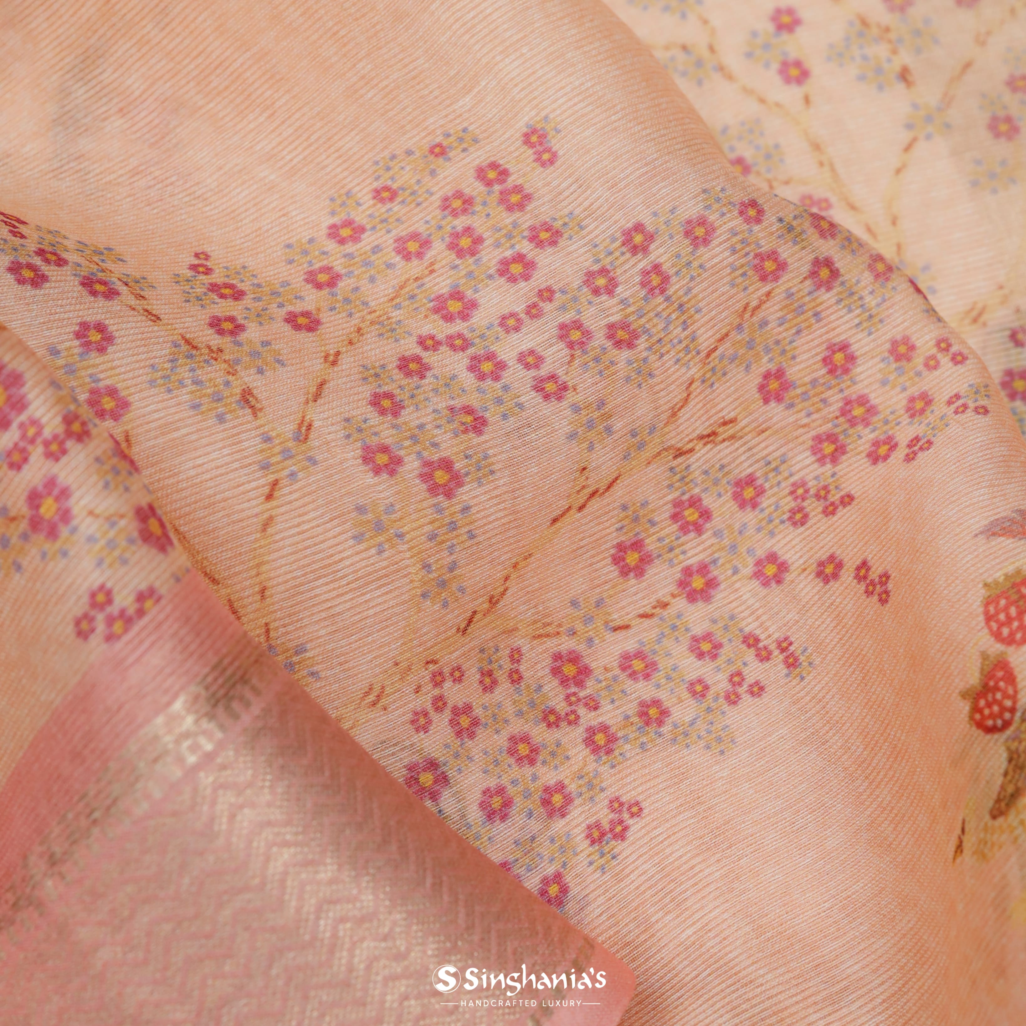 Coral Pink Maheshwari Printed Silk Saree With Nature Inspired Motif Pattern