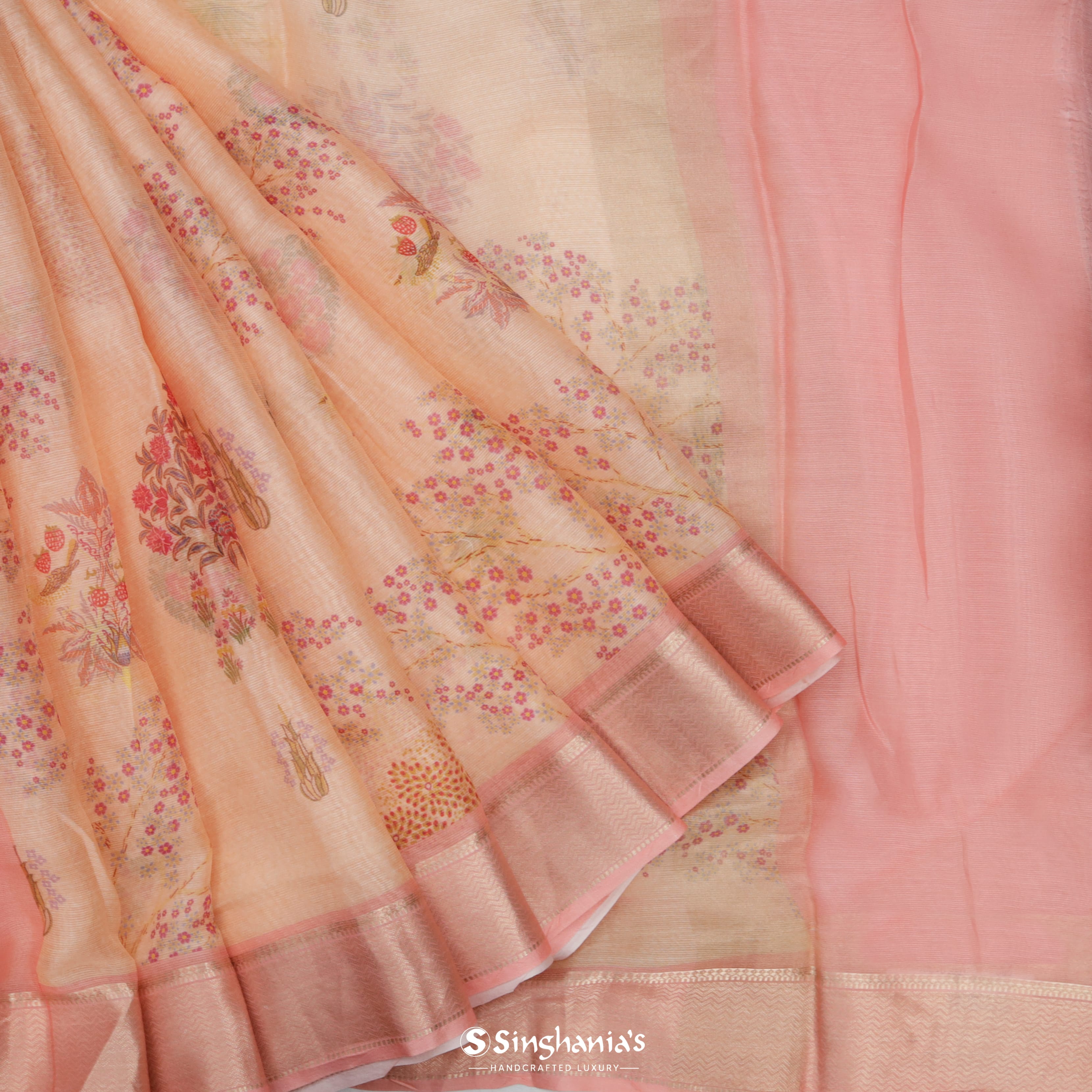Coral Pink Maheshwari Printed Silk Saree With Nature Inspired Motif Pattern