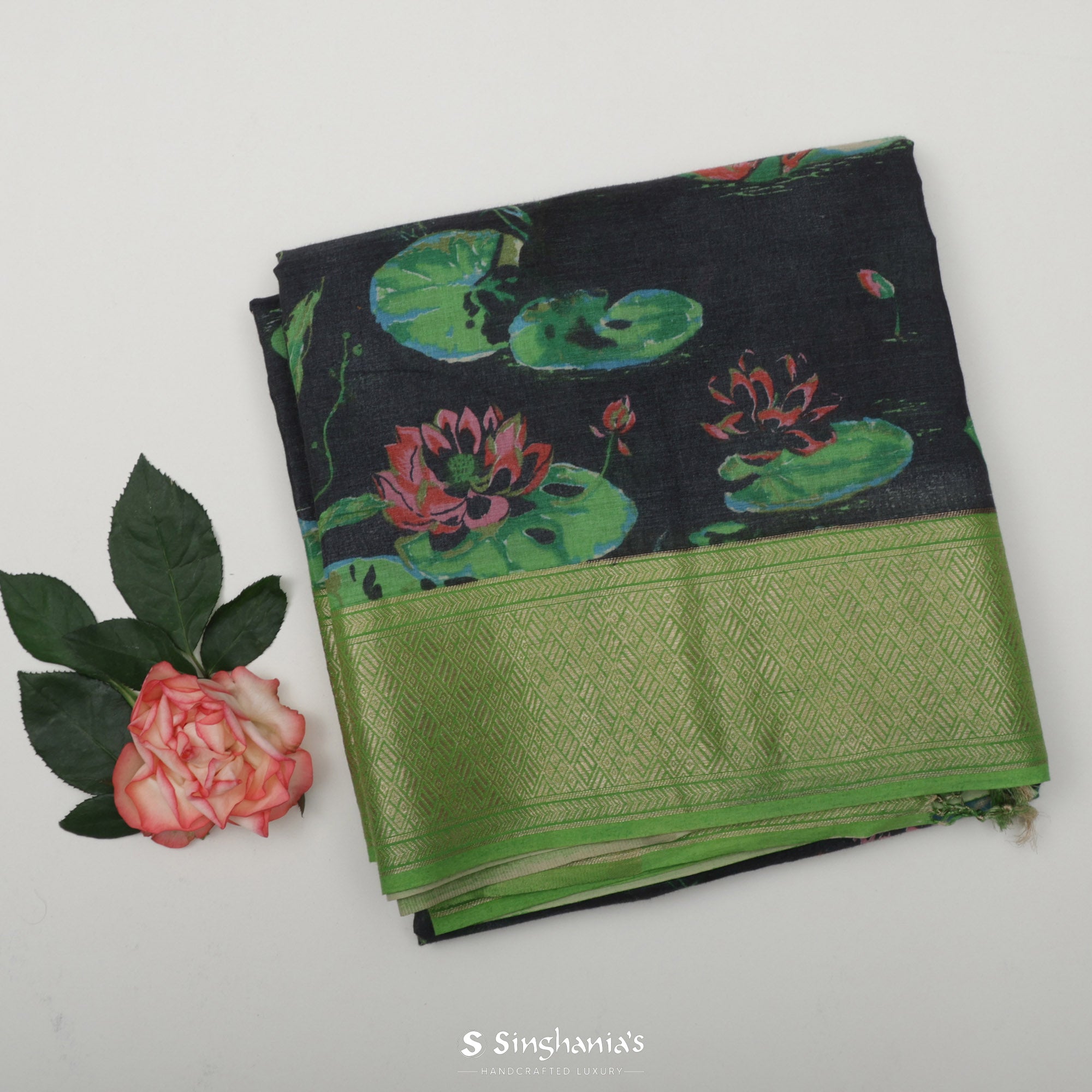 Black Printed Cotton Eri Saree With Floral Design