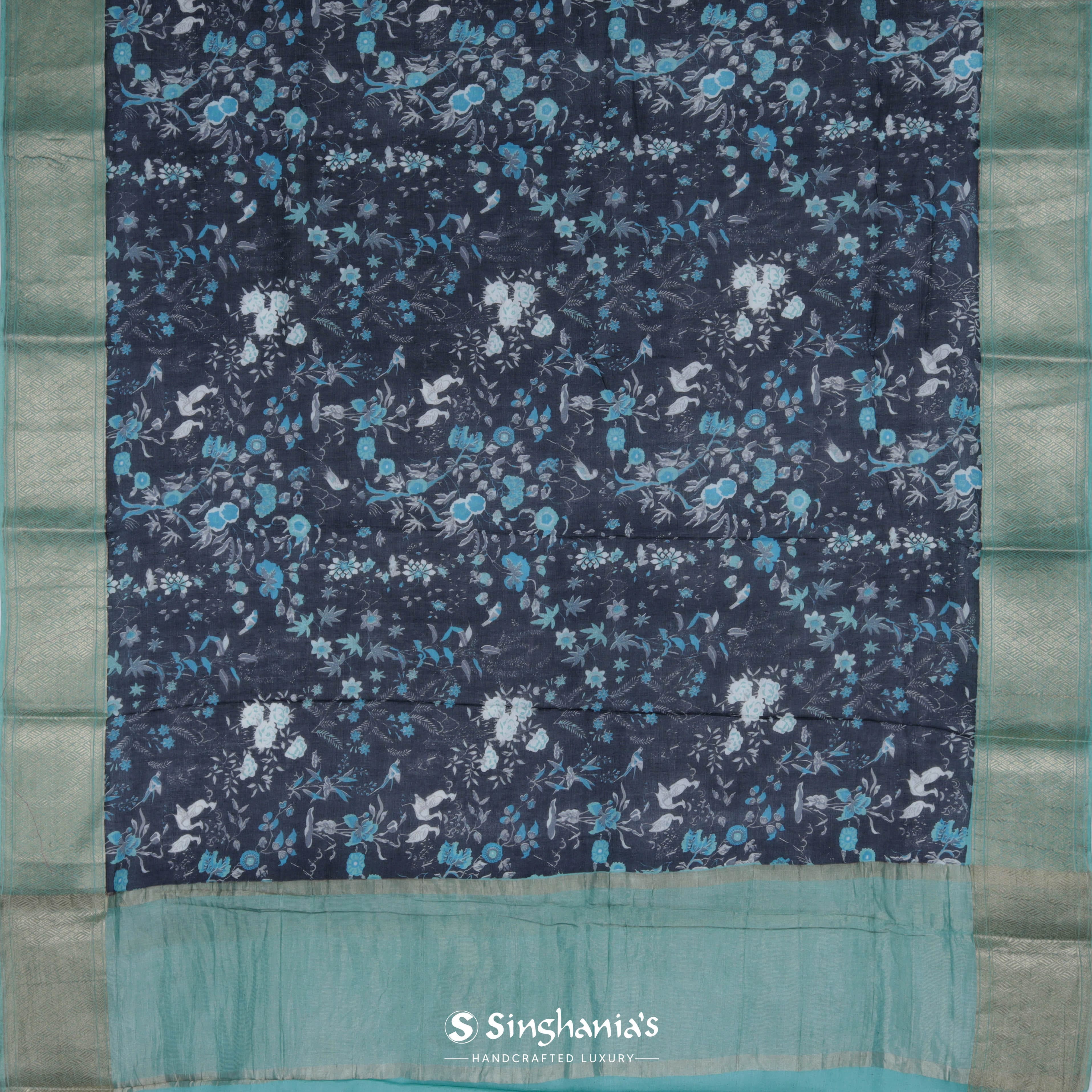 Coal Black Cotton Eri Printed Saree With Floral Pattern