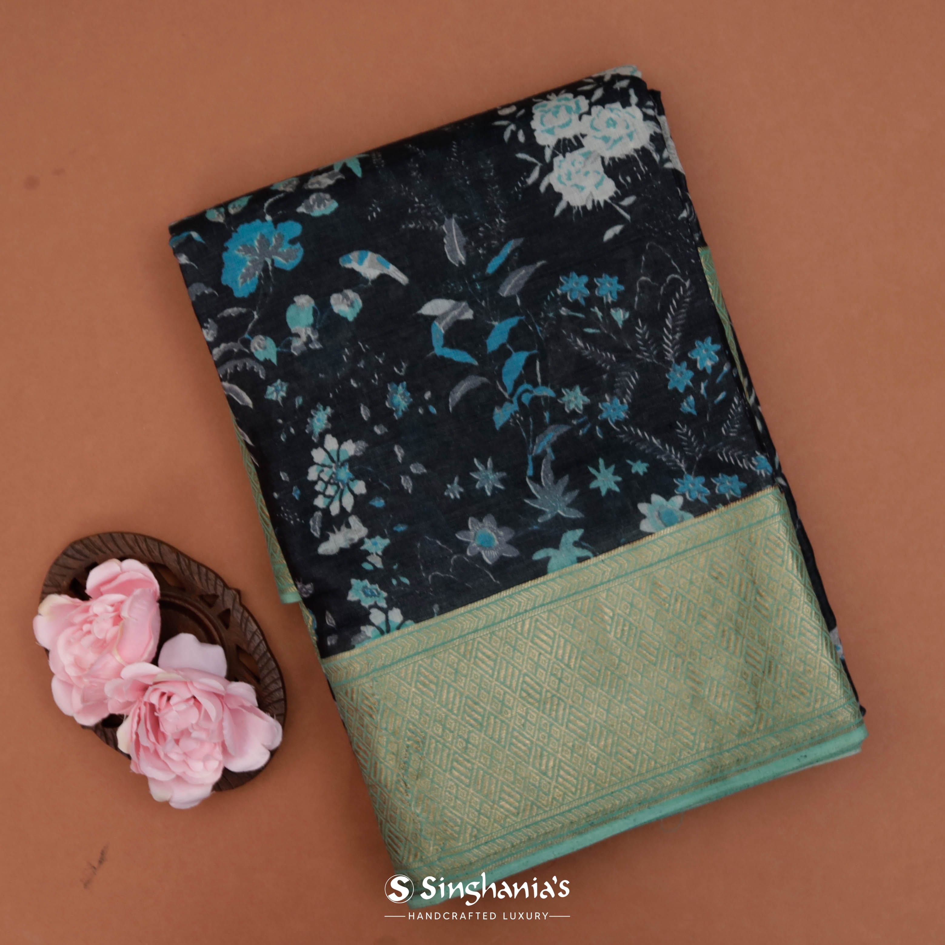 Coal Black Cotton Eri Printed Saree With Floral Pattern