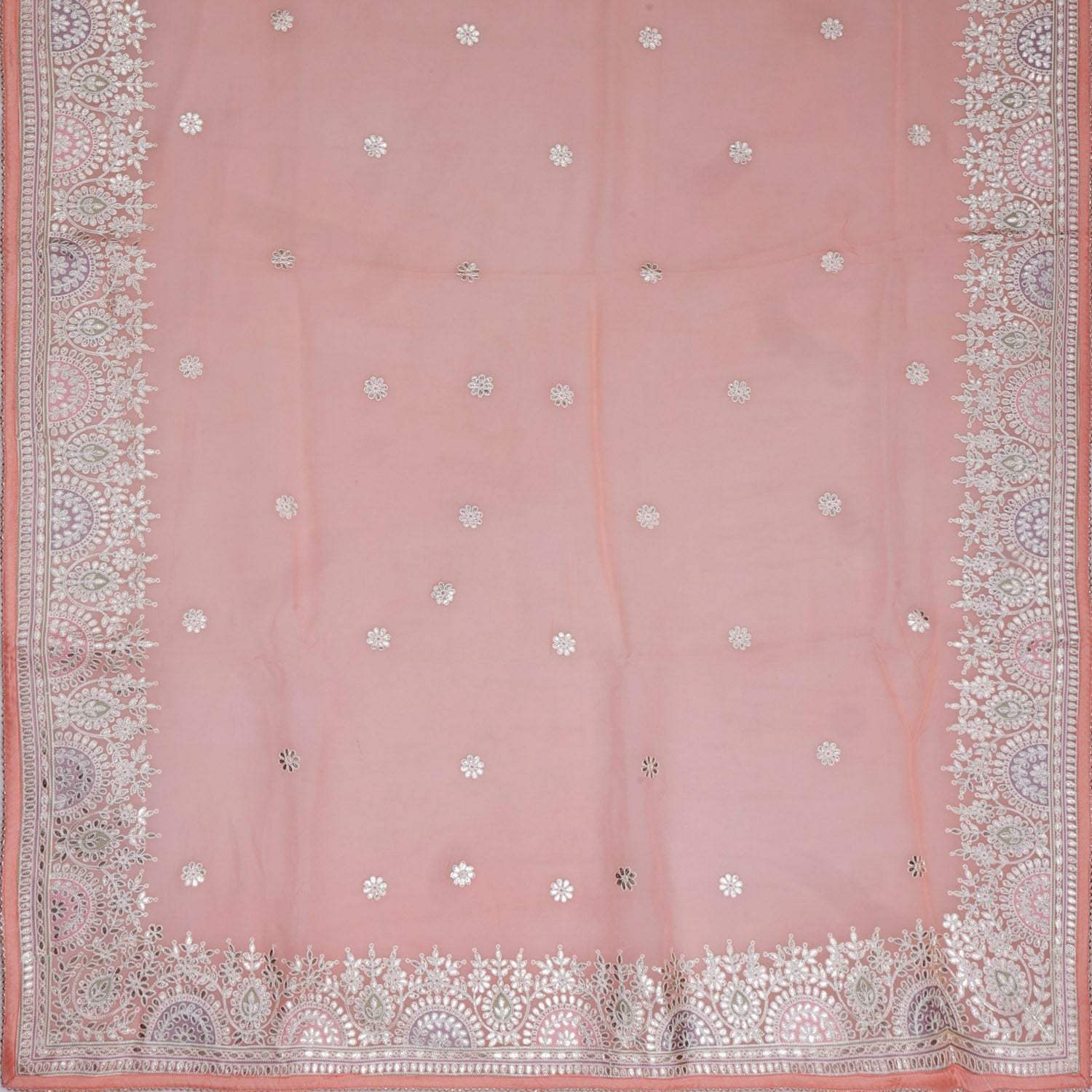 Pastel Coral Pink Organza Saree With Floral Embroidery - Singhania's