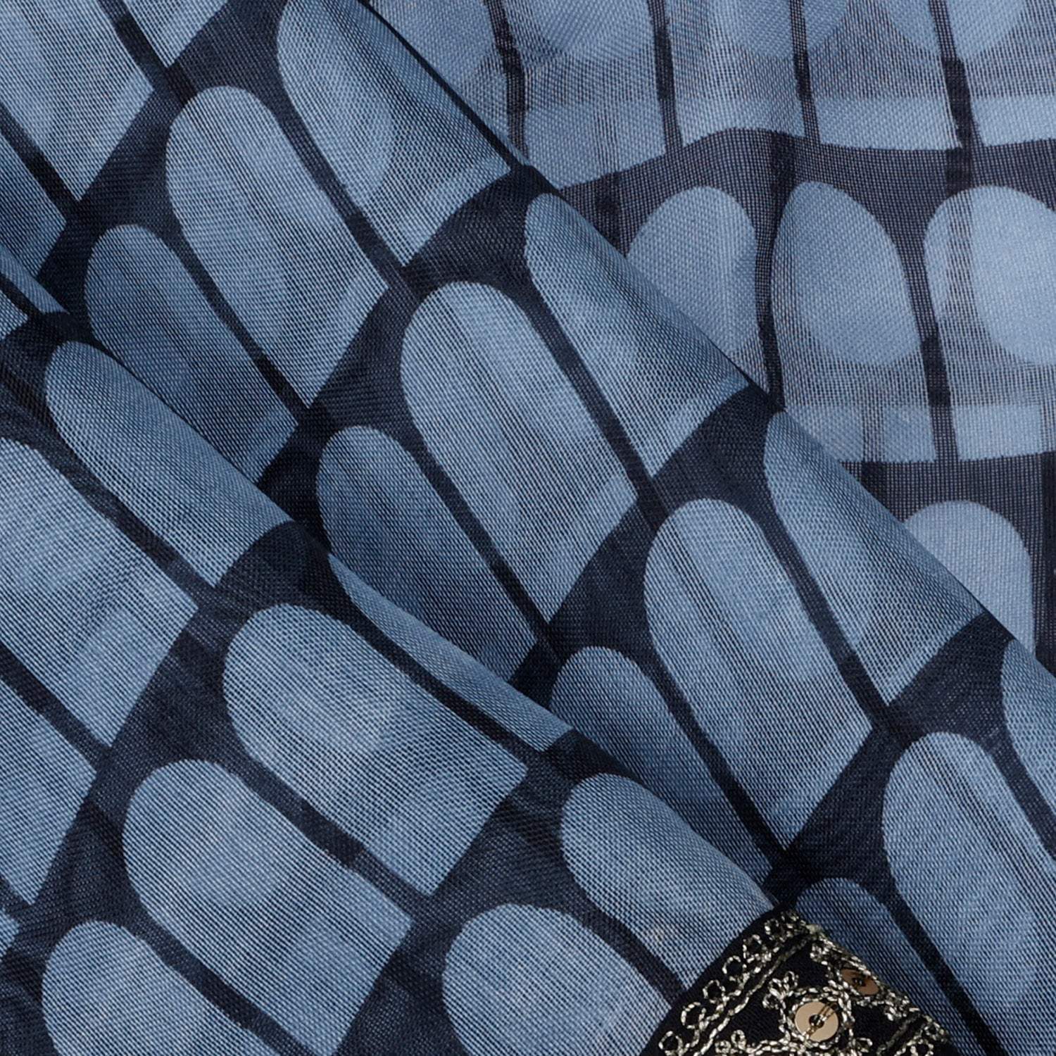 Black Blue Printed Organza Saree With Embroidery - Singhania's