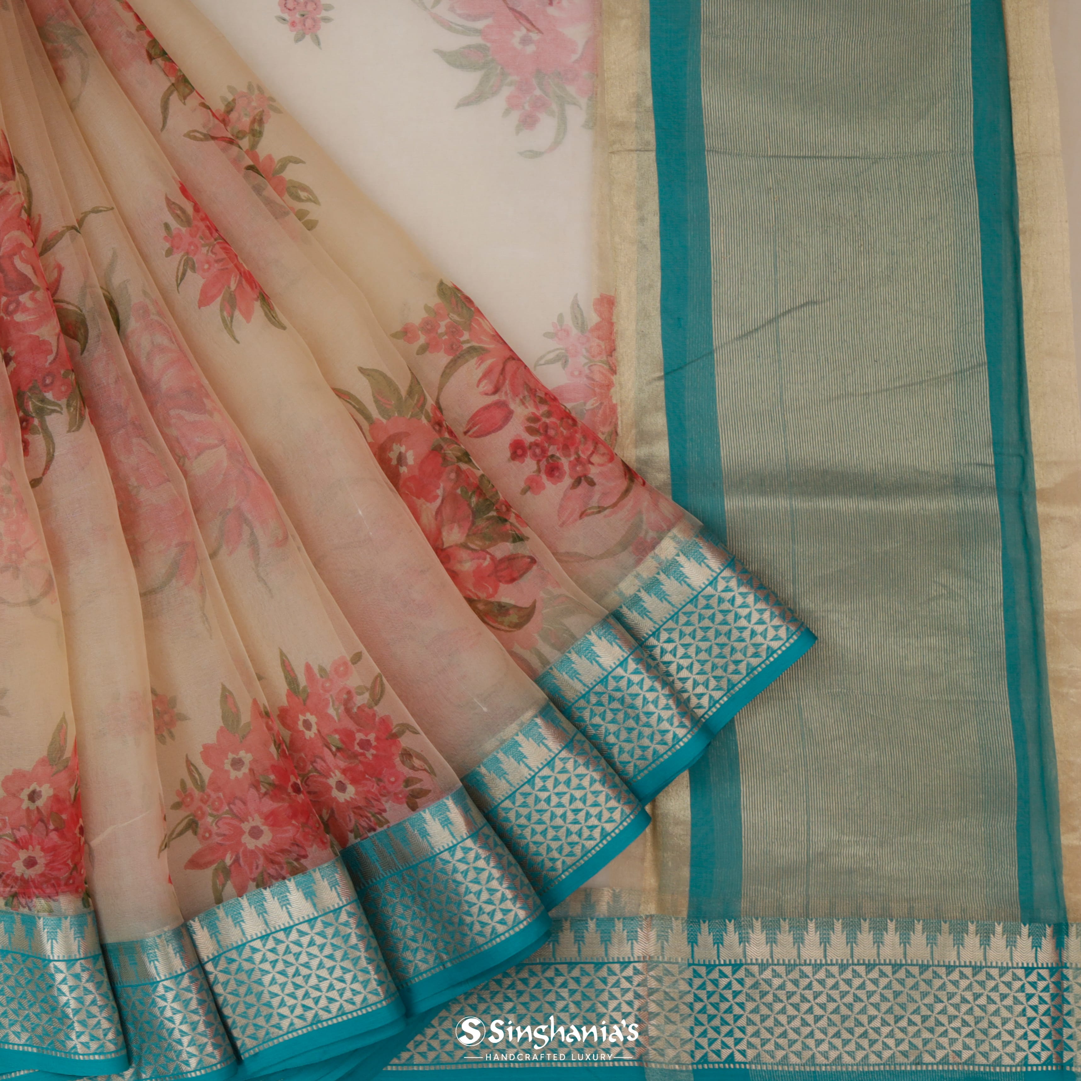 Pale Peach Organza Printed Saree With Floral Buttas