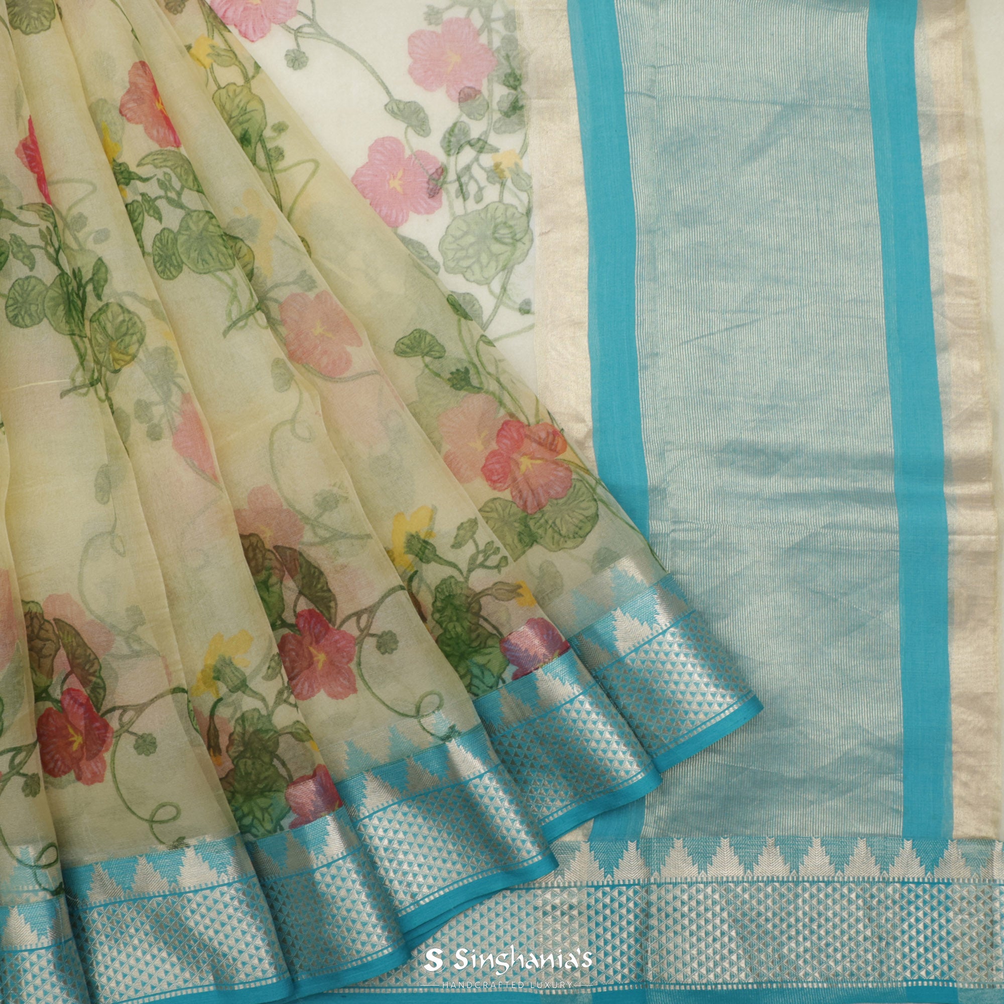Cream Yellow Printed Organza Saree With Floral Jaal Design