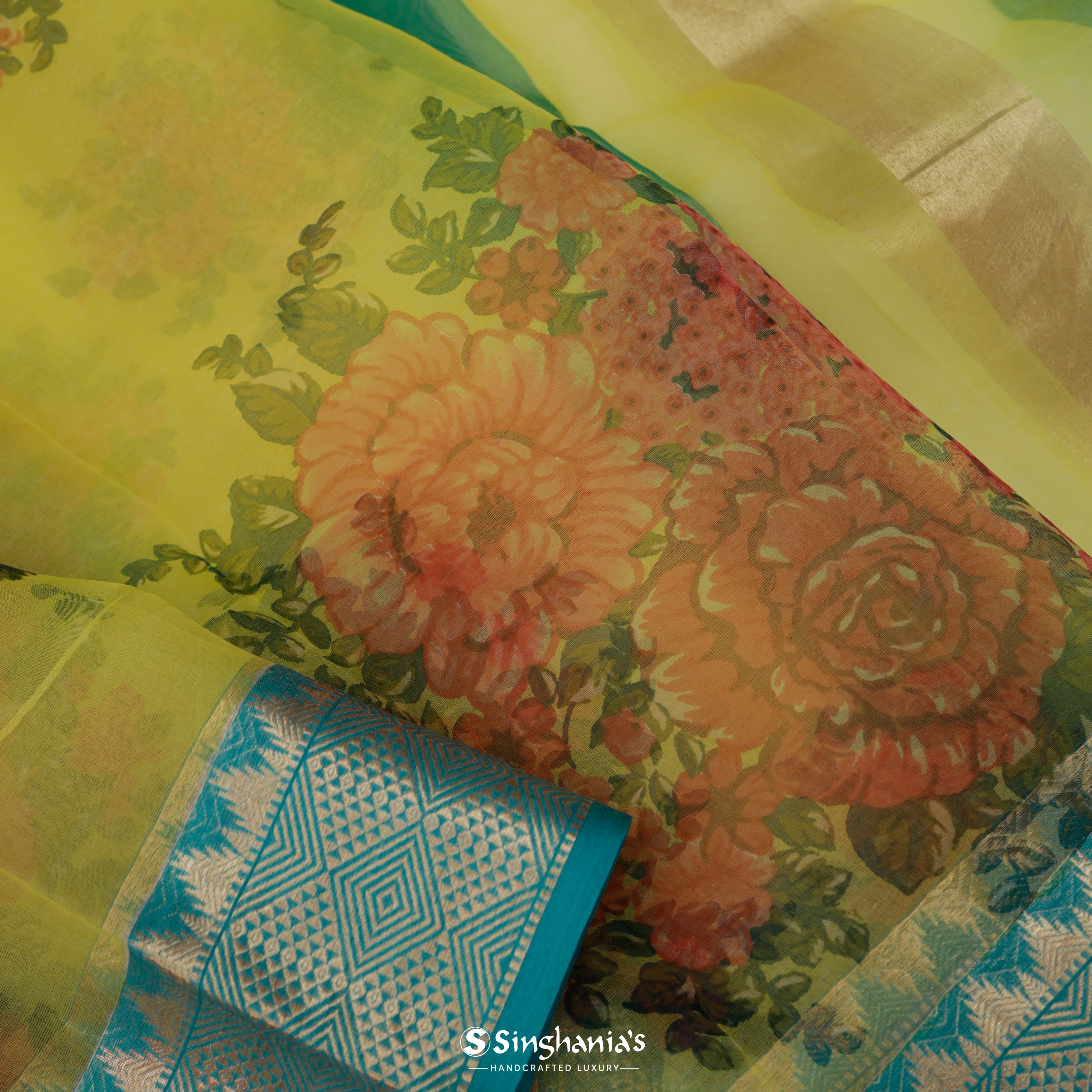Lemon Yellow Organza Printed Saree With Floral Pattern
