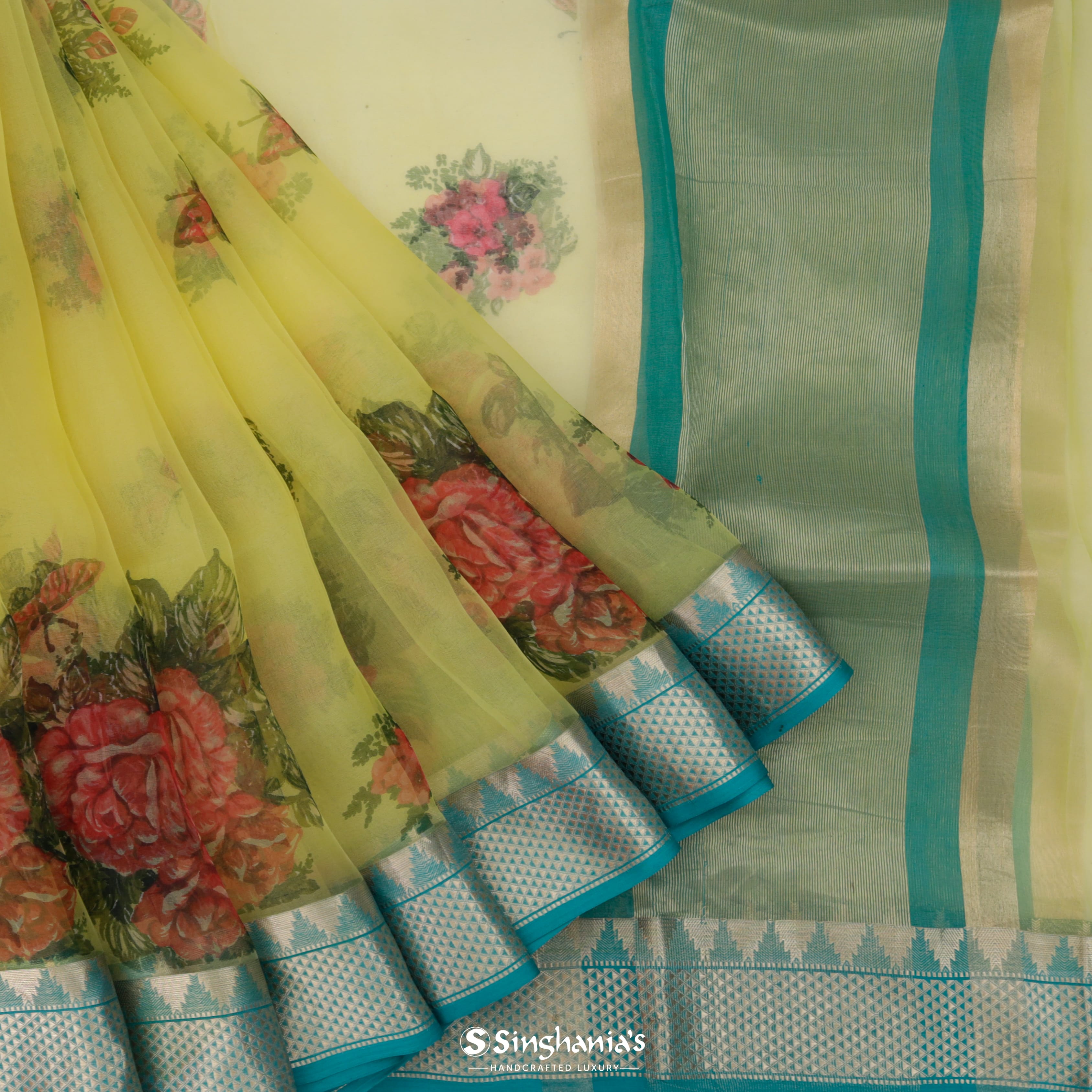 Lemon Yellow Organza Printed Saree With Floral Pattern