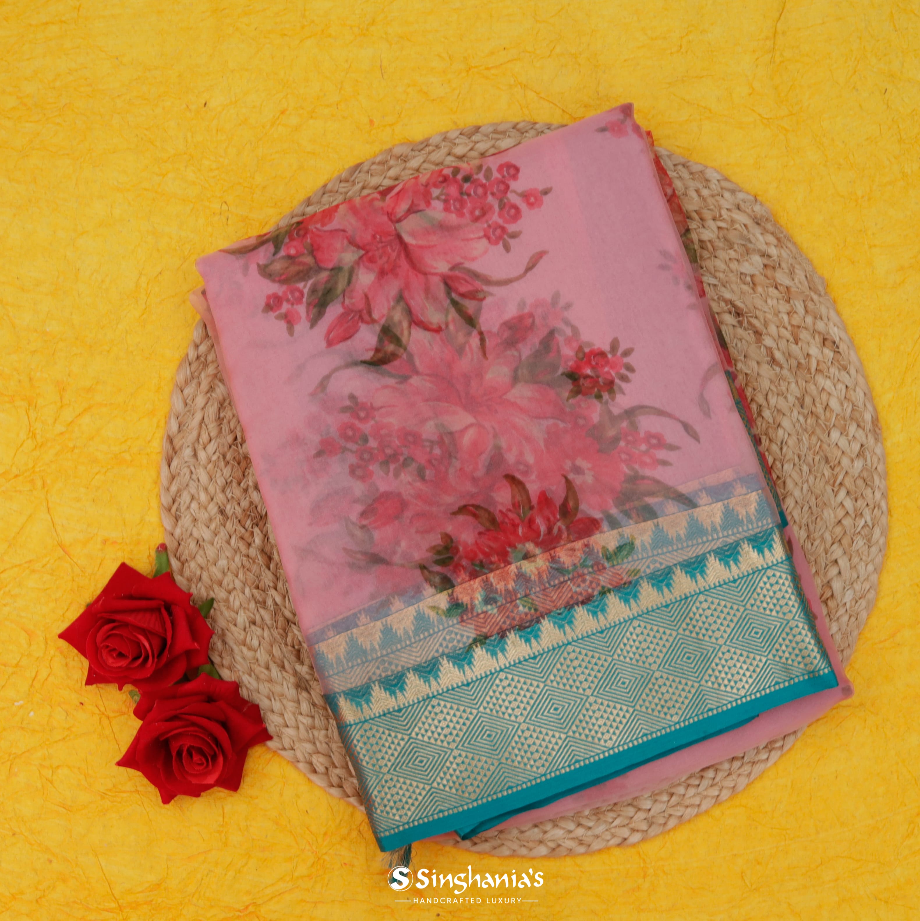Bubblegum Pink Organza Printed Saree With Floral Pattern