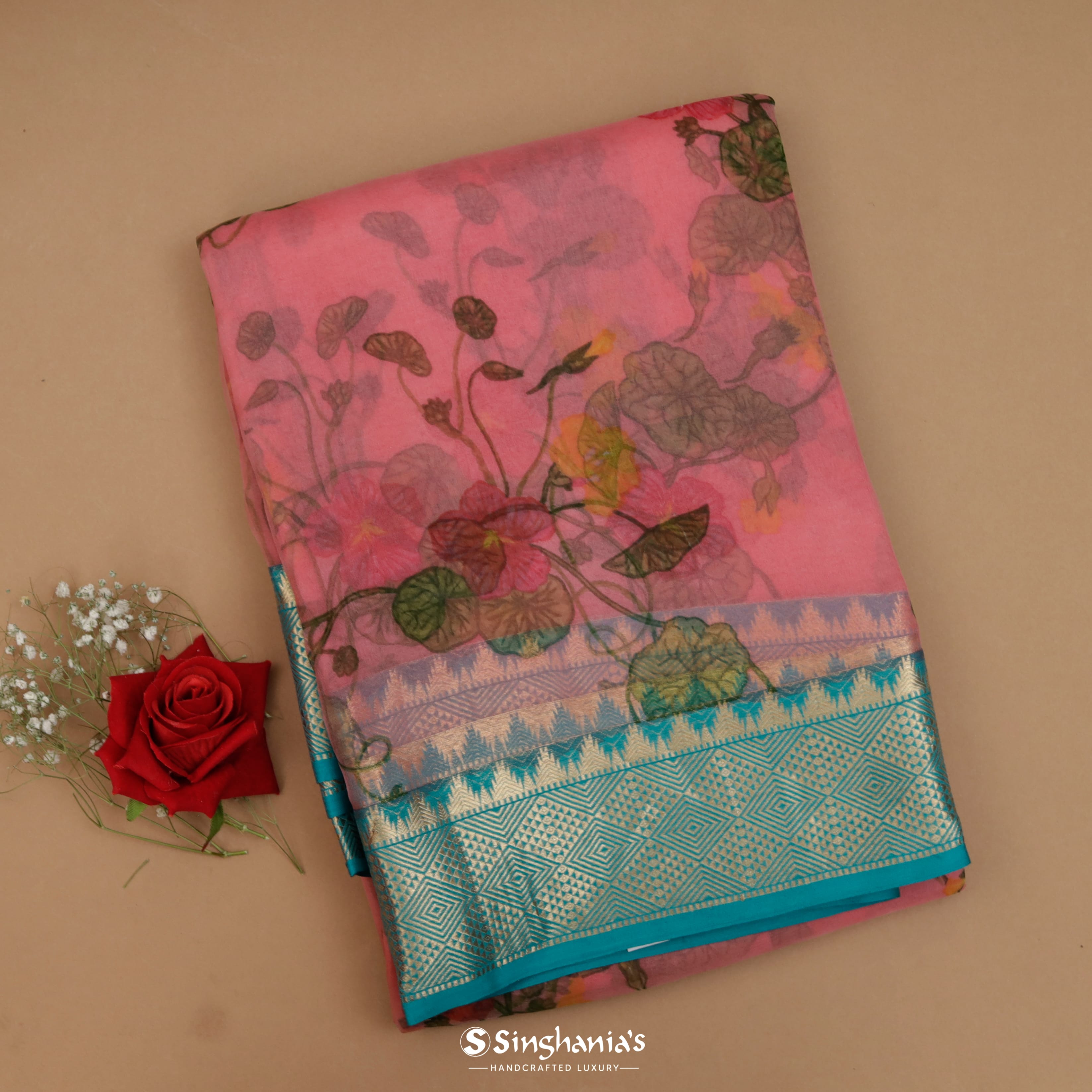 Bubblegum Pink Organza Printed Saree With Floral Pattern