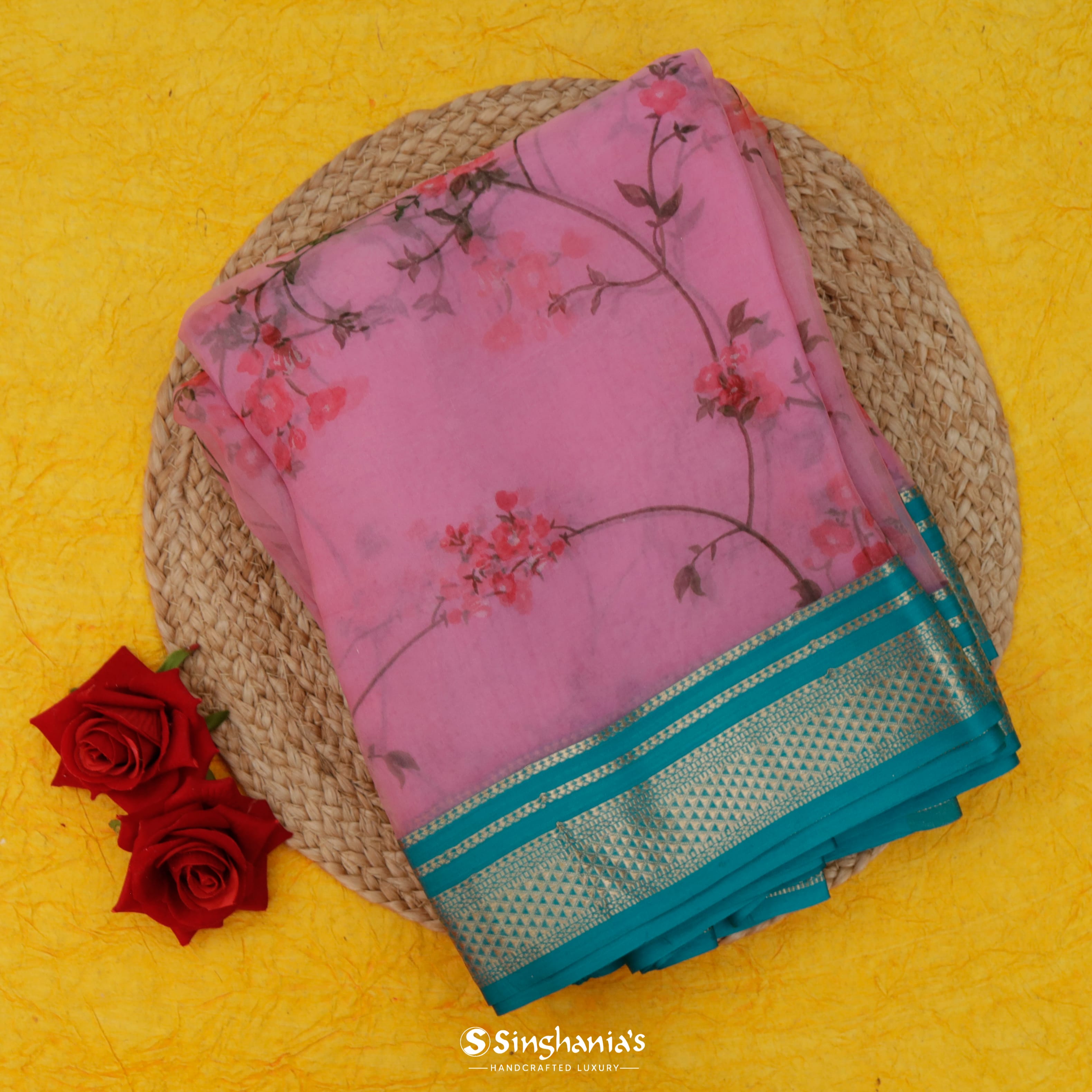 Hot Pink Organza Printed Saree With Floral Pattern