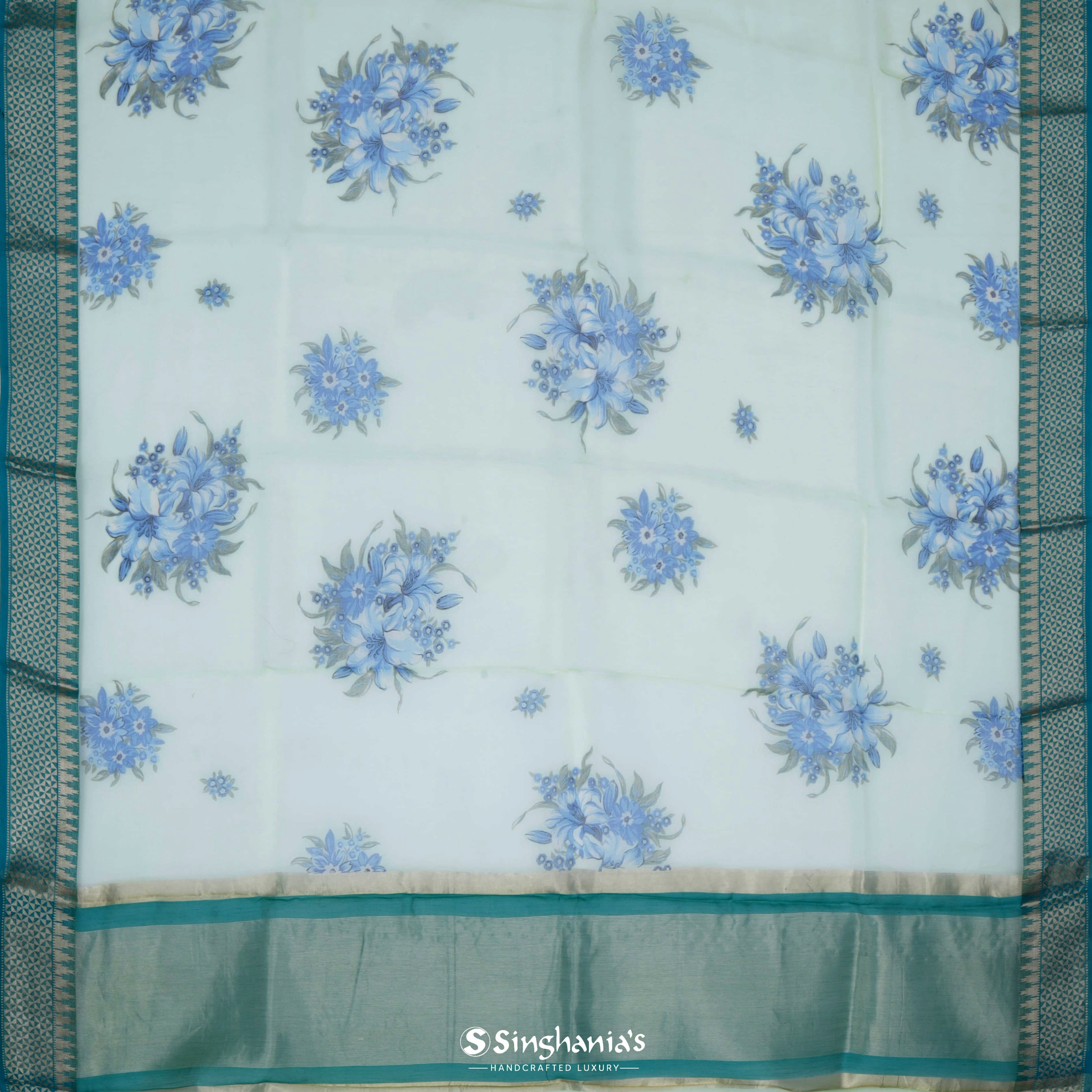 Ash Grey Organza Printed Saree With Floral Buttas