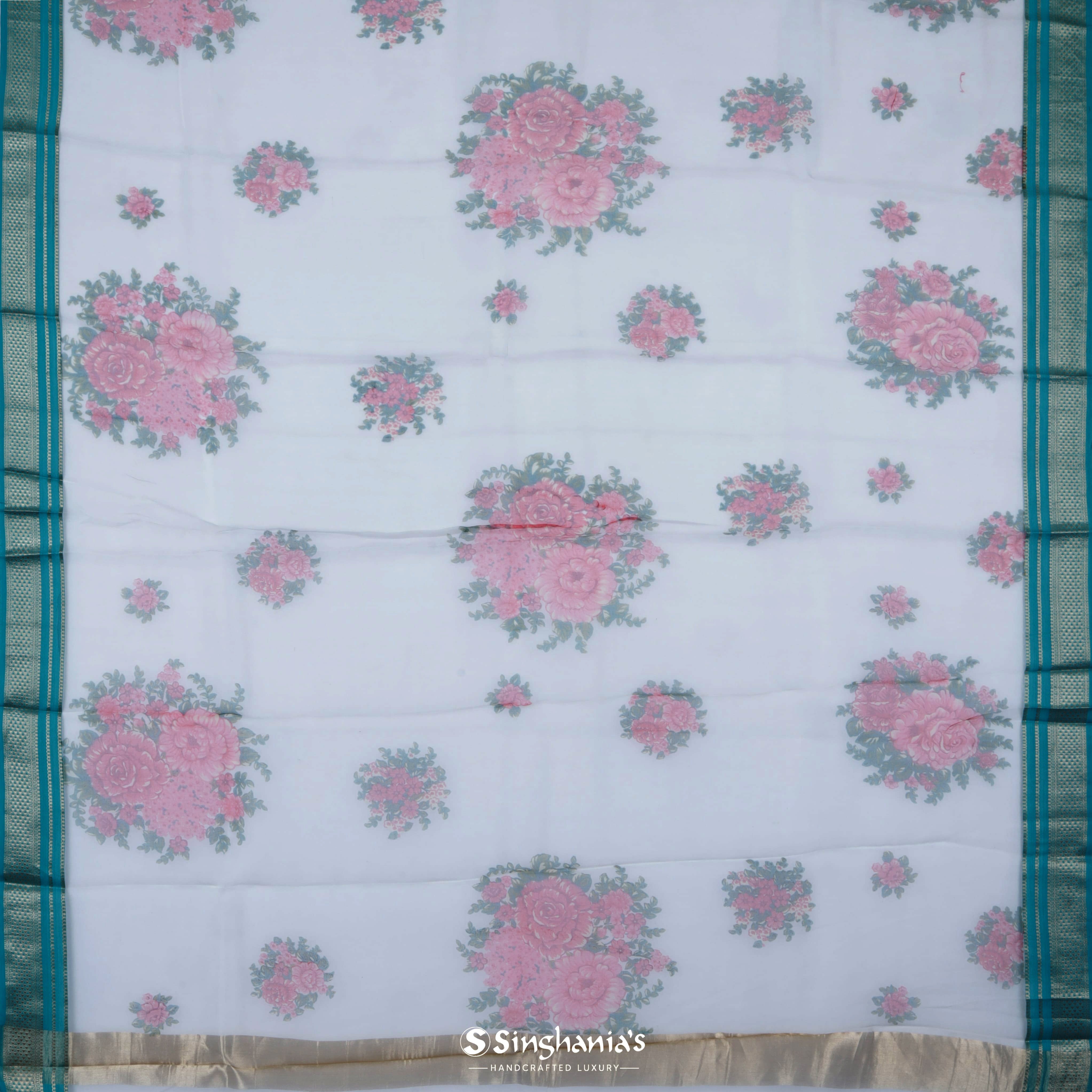 Ash Grey Organza Printed Saree With Floral Buttas