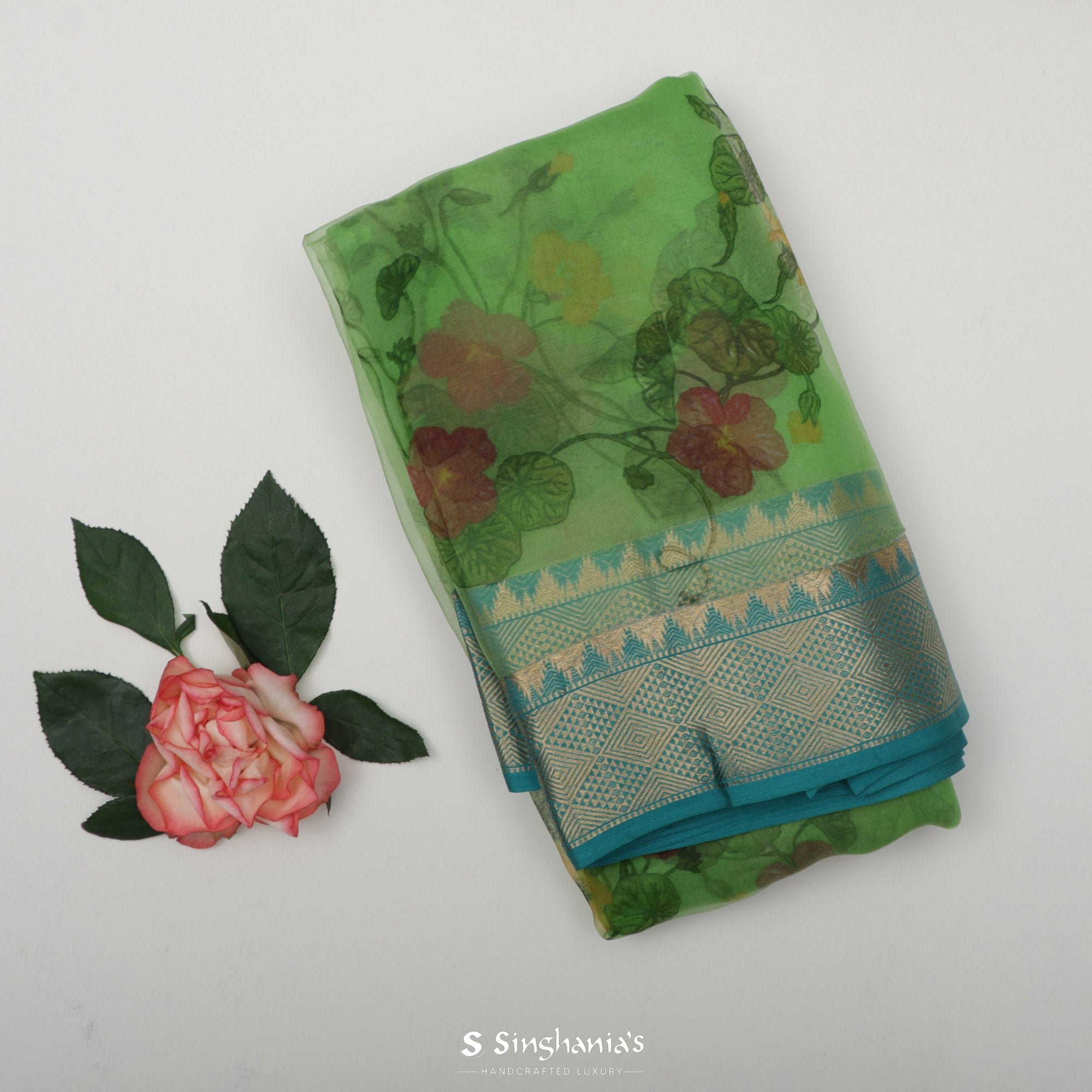 Malachite Green Printed Organza Saree With Floral Jaal Design