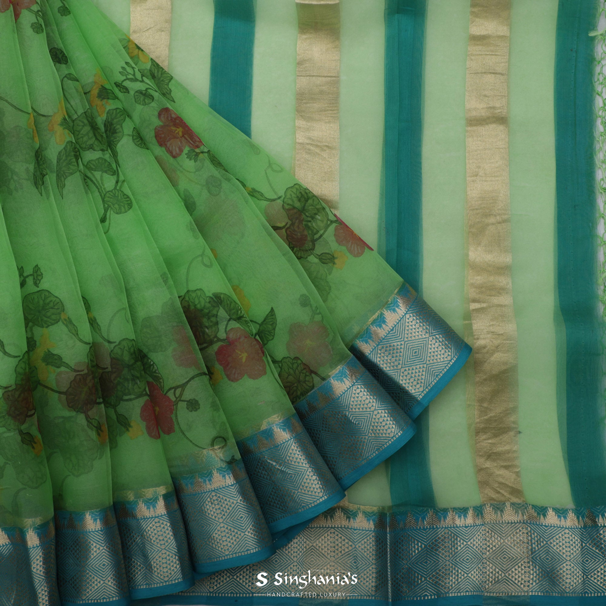 Malachite Green Printed Organza Saree With Floral Jaal Design