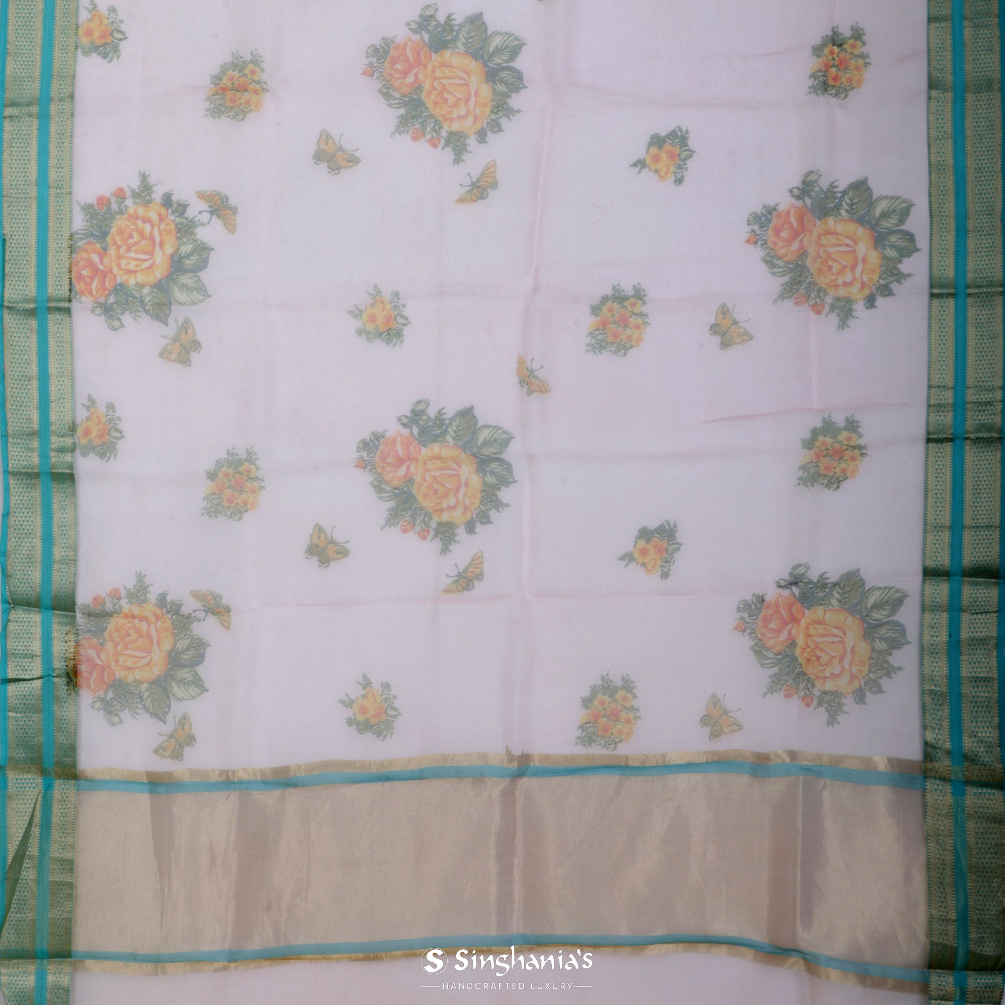Pale Pink Printed Organza Saree With Floral Jaal Design